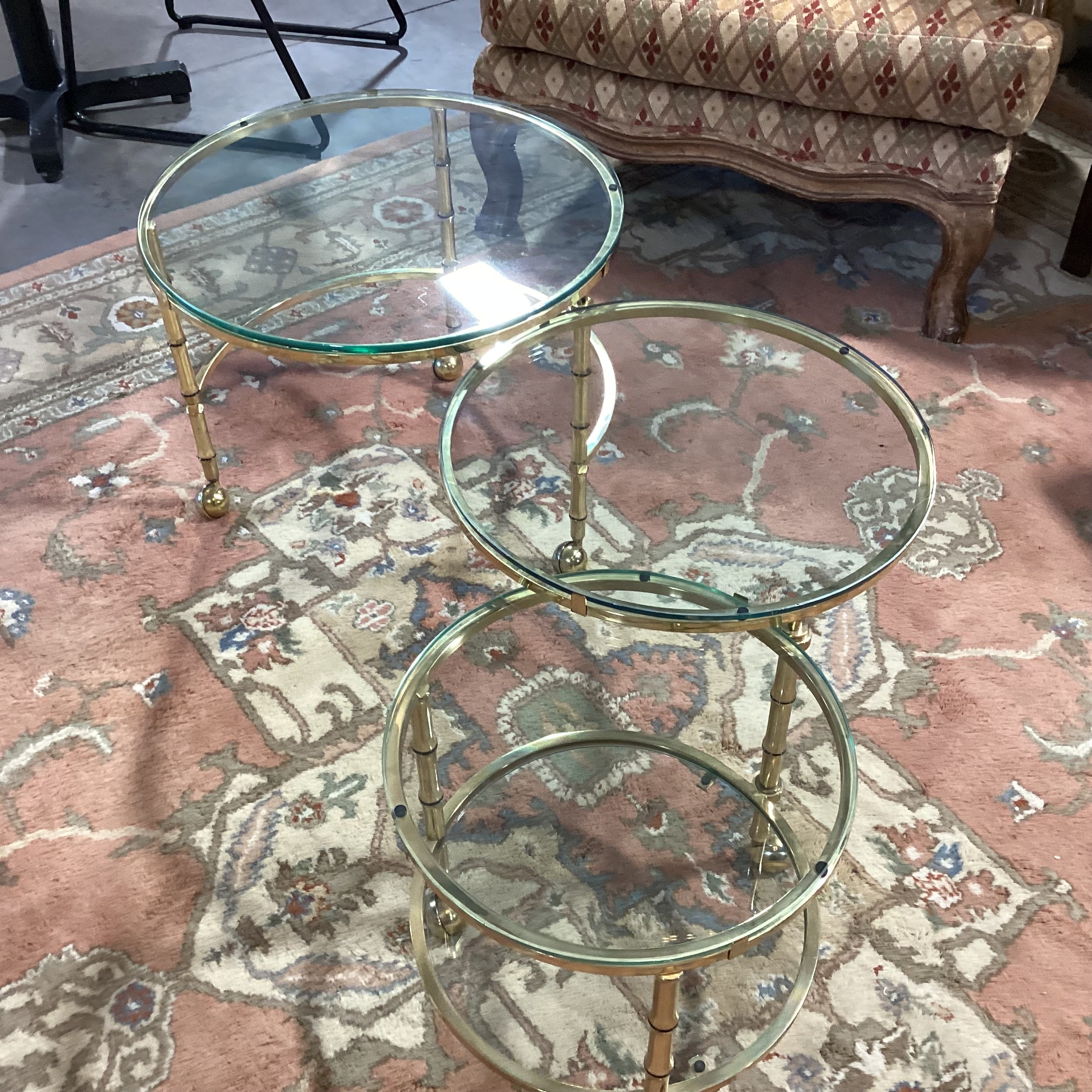 Vintage Mid Century Brass Bamboo Style & Glass Rounds on Casters Fold in Expandable Coffee Table 25" to 56"x 22"x 18"