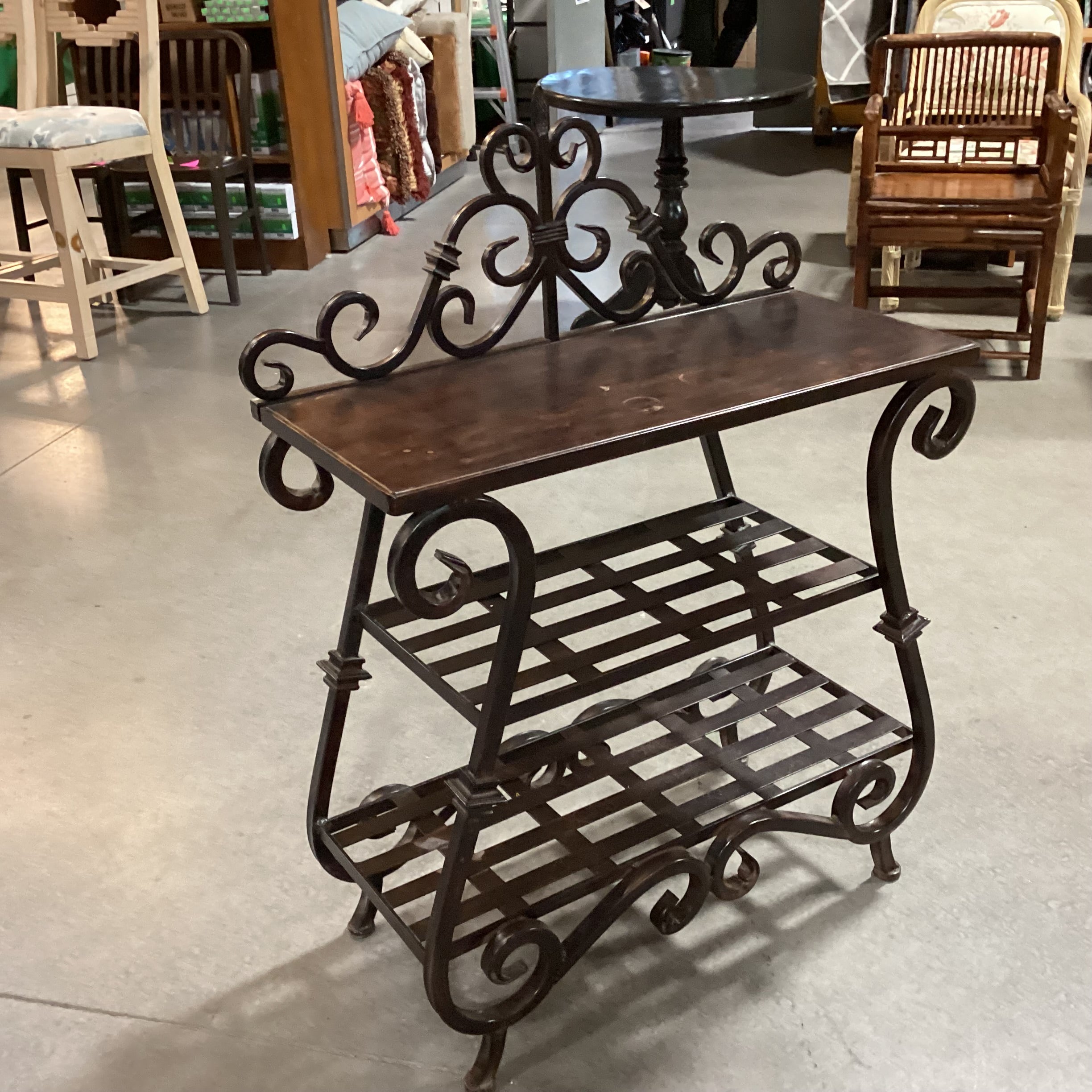 Ornate Iron & Wood with Shelves Accent Table 29"x 13"x 40"