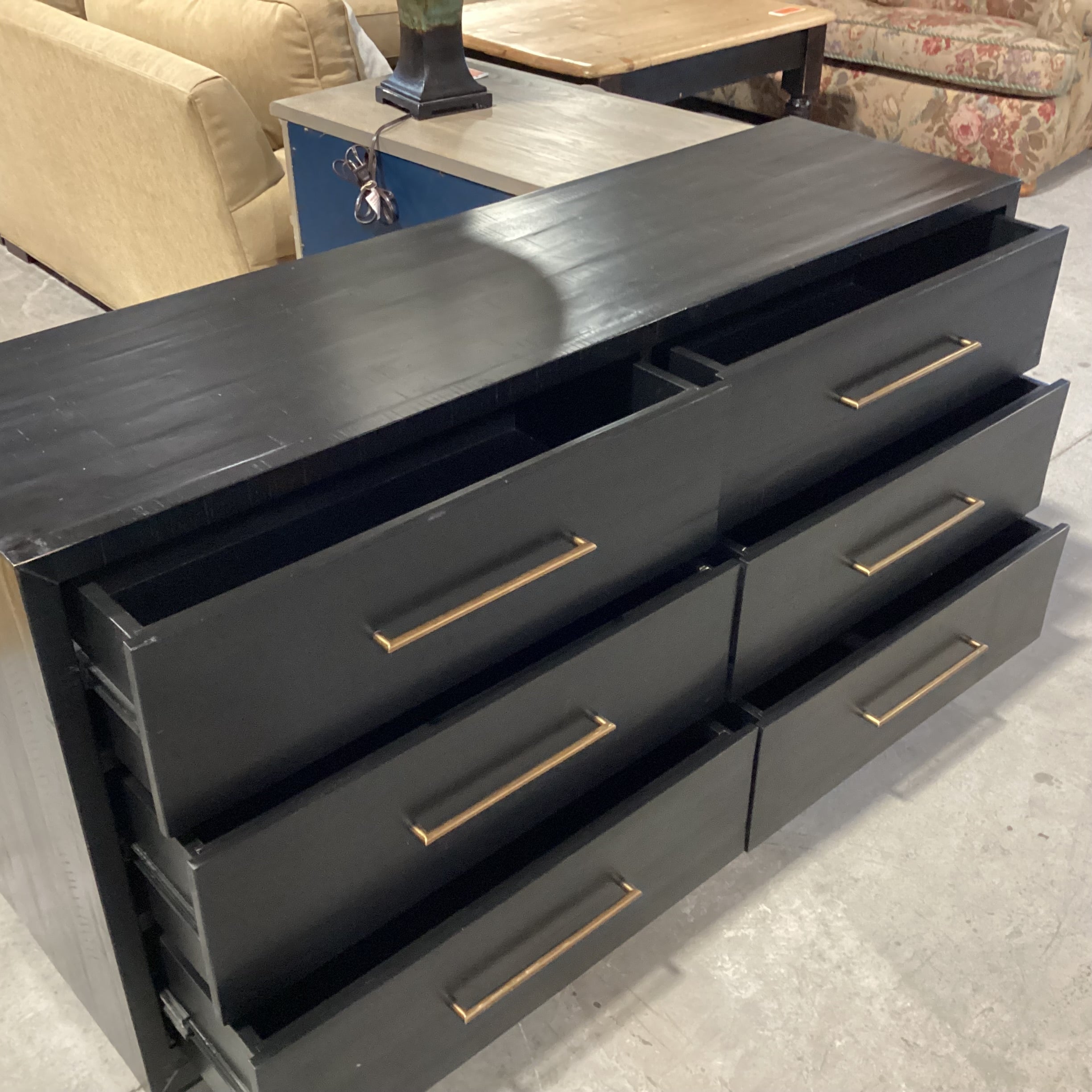 Four Hands Burnished Black Acacia Wood Antiqued Brass Rod Pulls 6 Drawer Suki Dresser 60"x 18"x 31.5"
