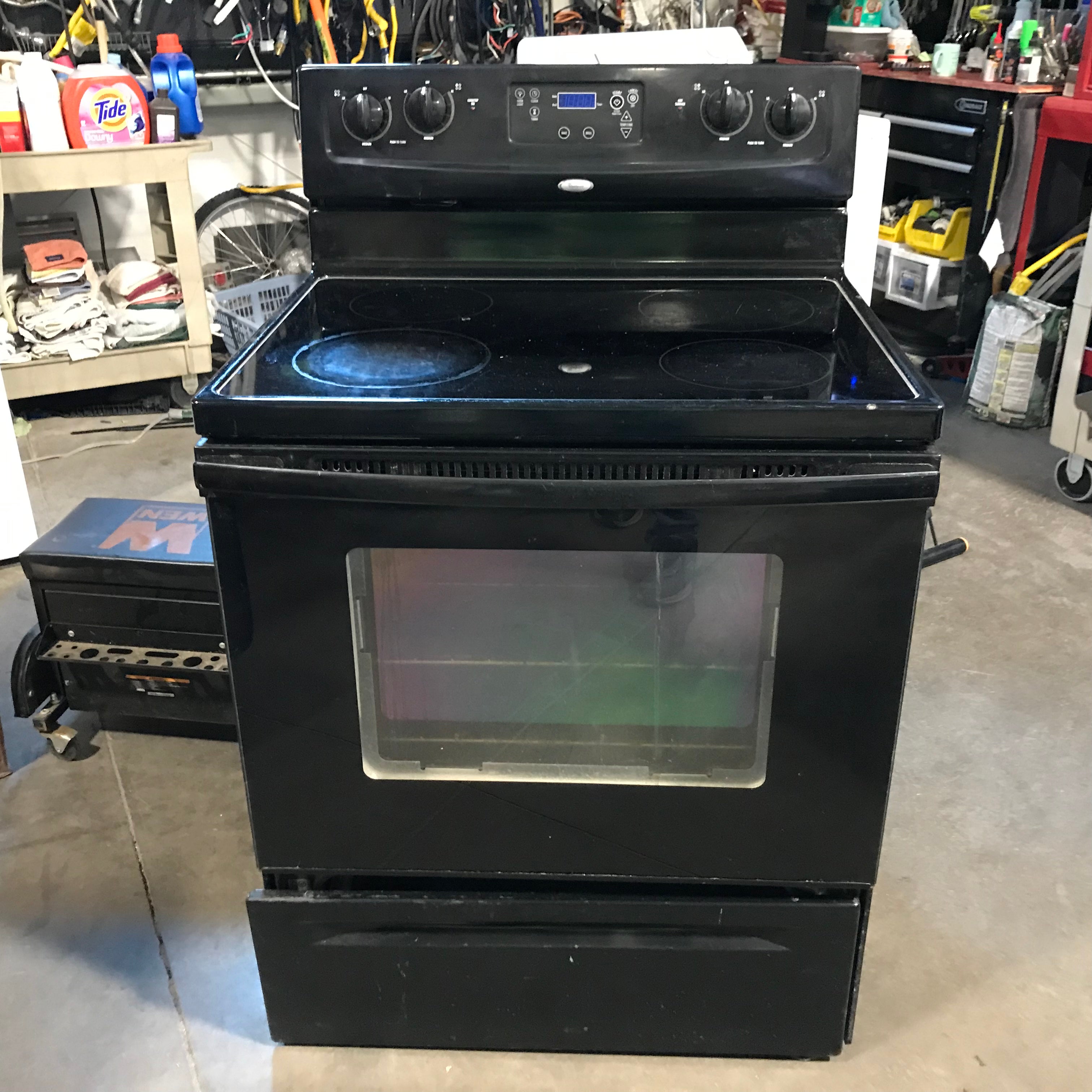 Whirlpool Black 4-Burner, Glass-Top, Electric Range 30"x 25"x 47"