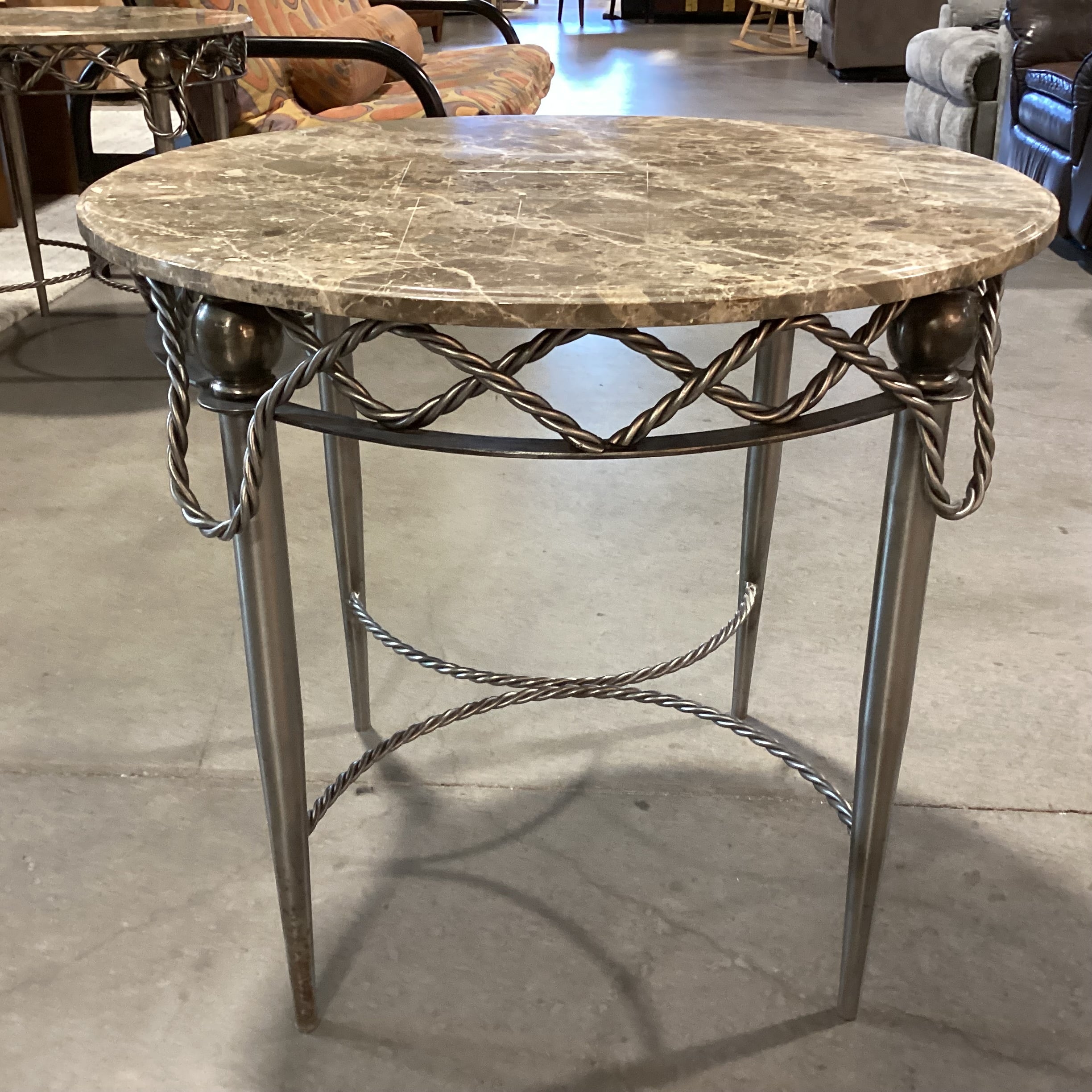 Yale R Burge Antiques Vintage Reproduction Steel Rope Design & Round Marble Top Accent Table 30" Diameter x 27"