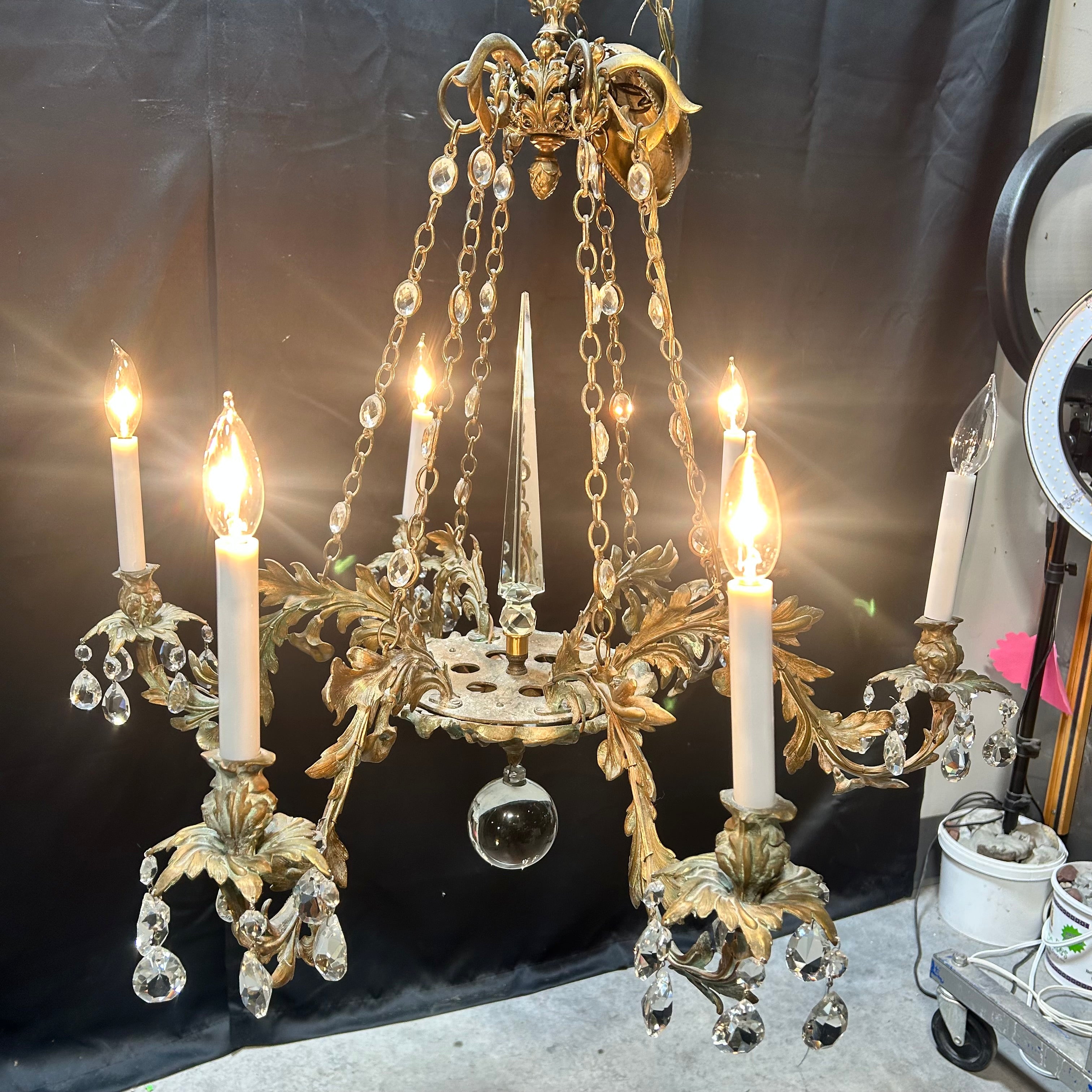 Antique European -Style Brass Gilt With Crystal Prisms  34"x 30"Chandelier