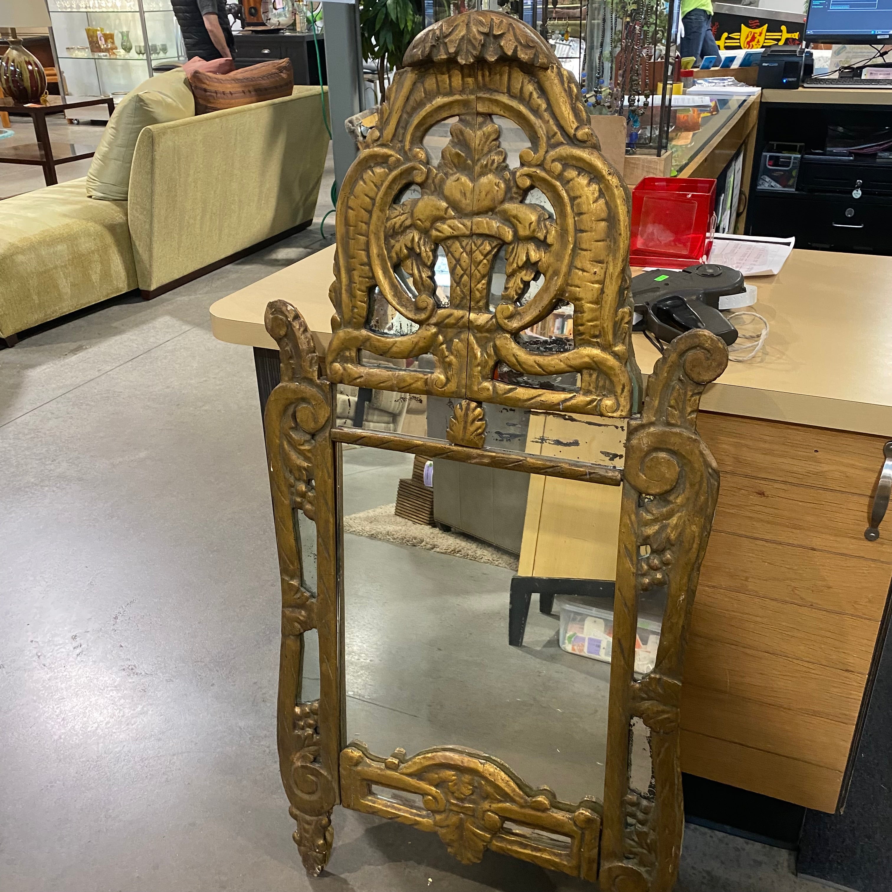 Heavy Antique Carved Gold-Gilt Wood Neoclassical Style Wall Mirror 25.5"x 52"