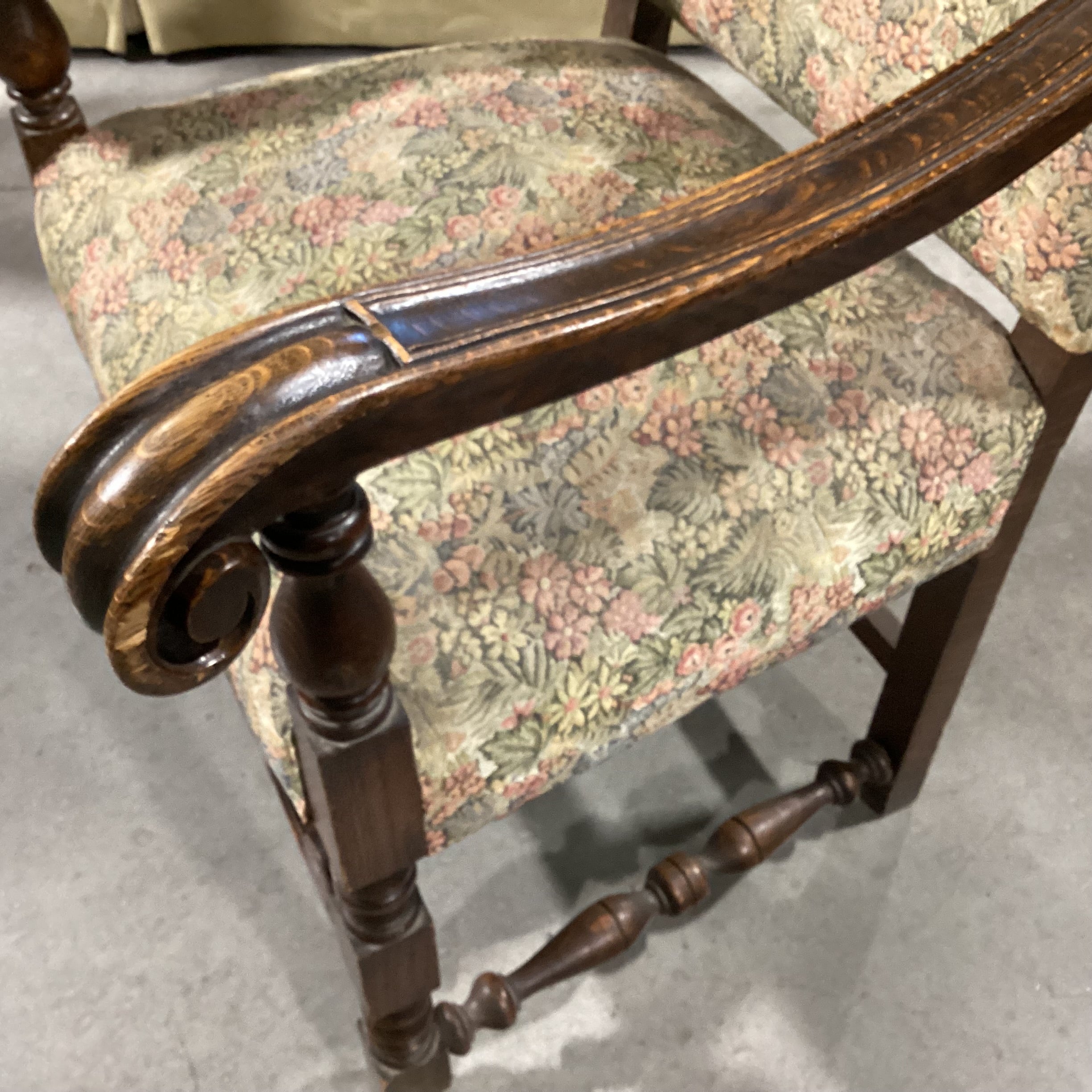 Antique Ornate Carved Oak & Sage Pink Floral Upholstered Chair 30"x 28"x 49"