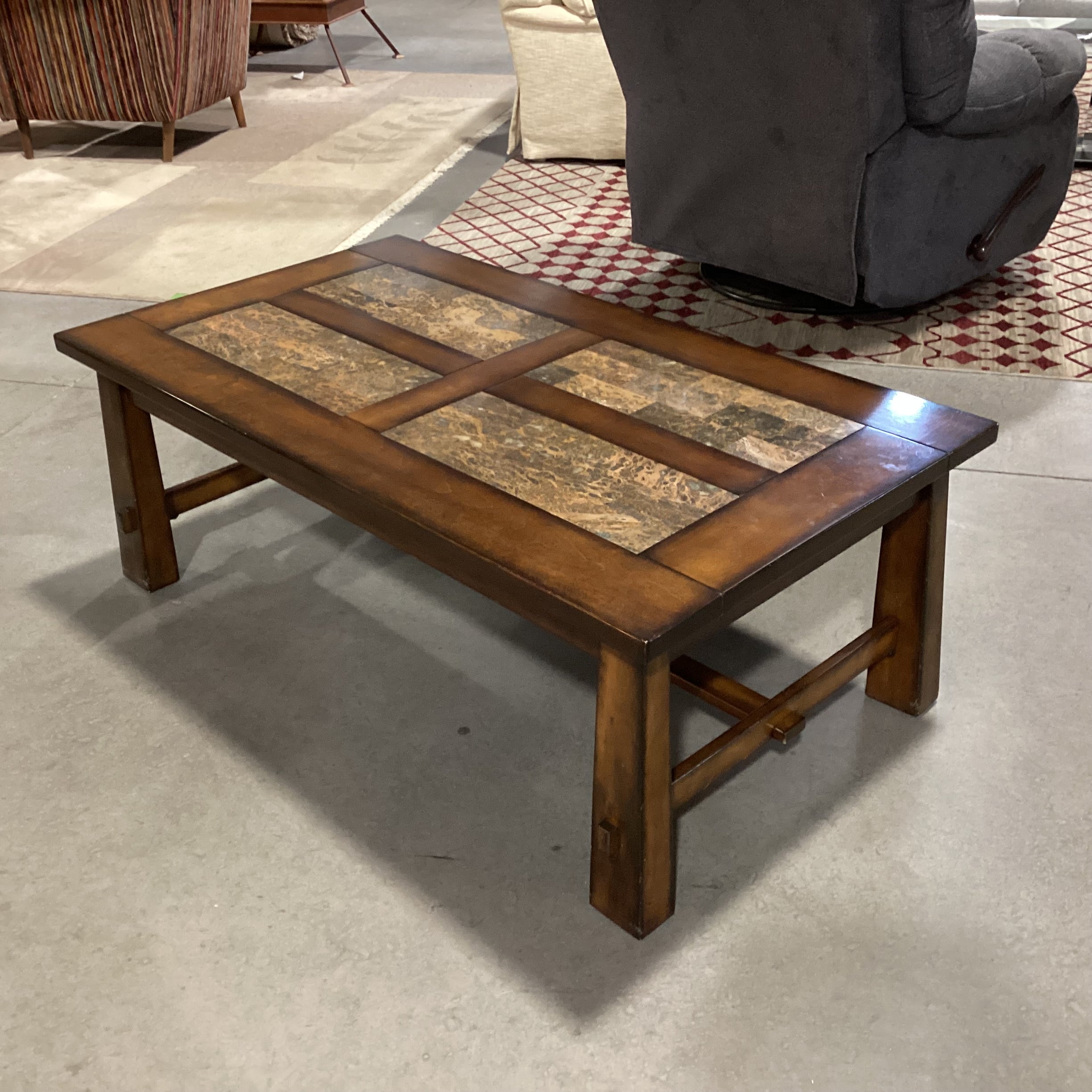 Dark Finish Wood & Faux Stone Coffee Table 50"x 28"x 18.5"