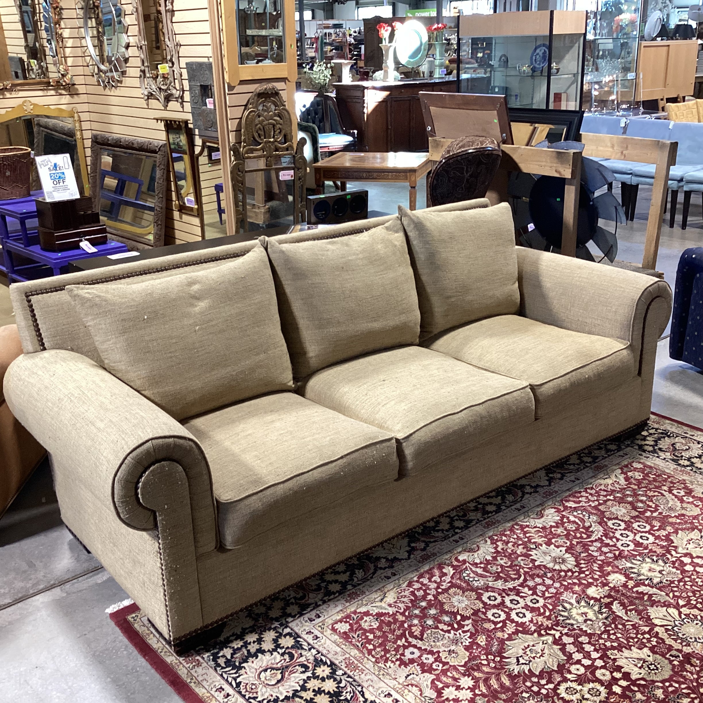 Rene Cazares Golden Tan Woven with Nailhead Down Mix Sofa 96"x 38"x 35"