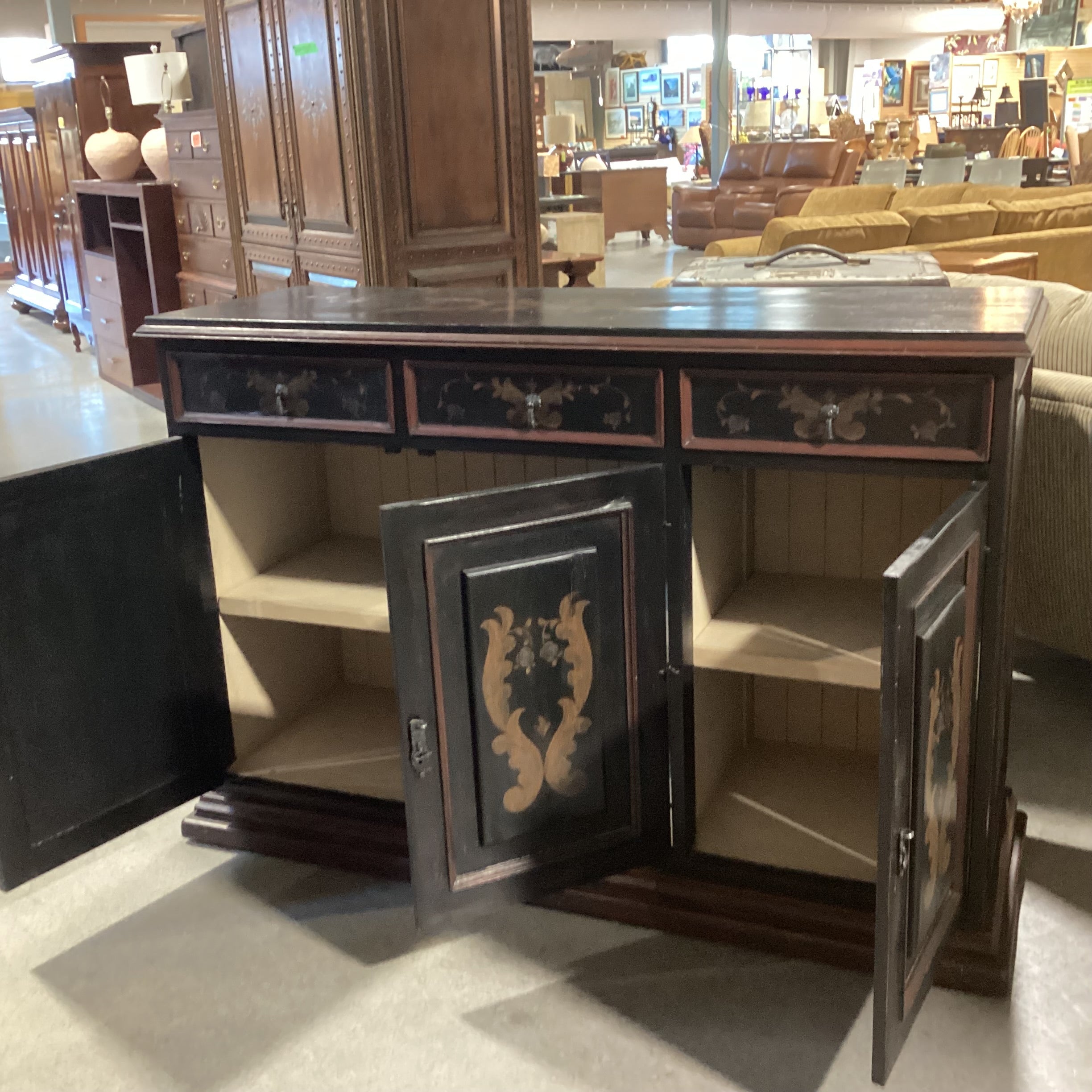 Black & Red Antiqued with Gold Ornate Painted Detail 3 Drawer 3 Door with Shelves Sideboard 60"x 21"x 41"