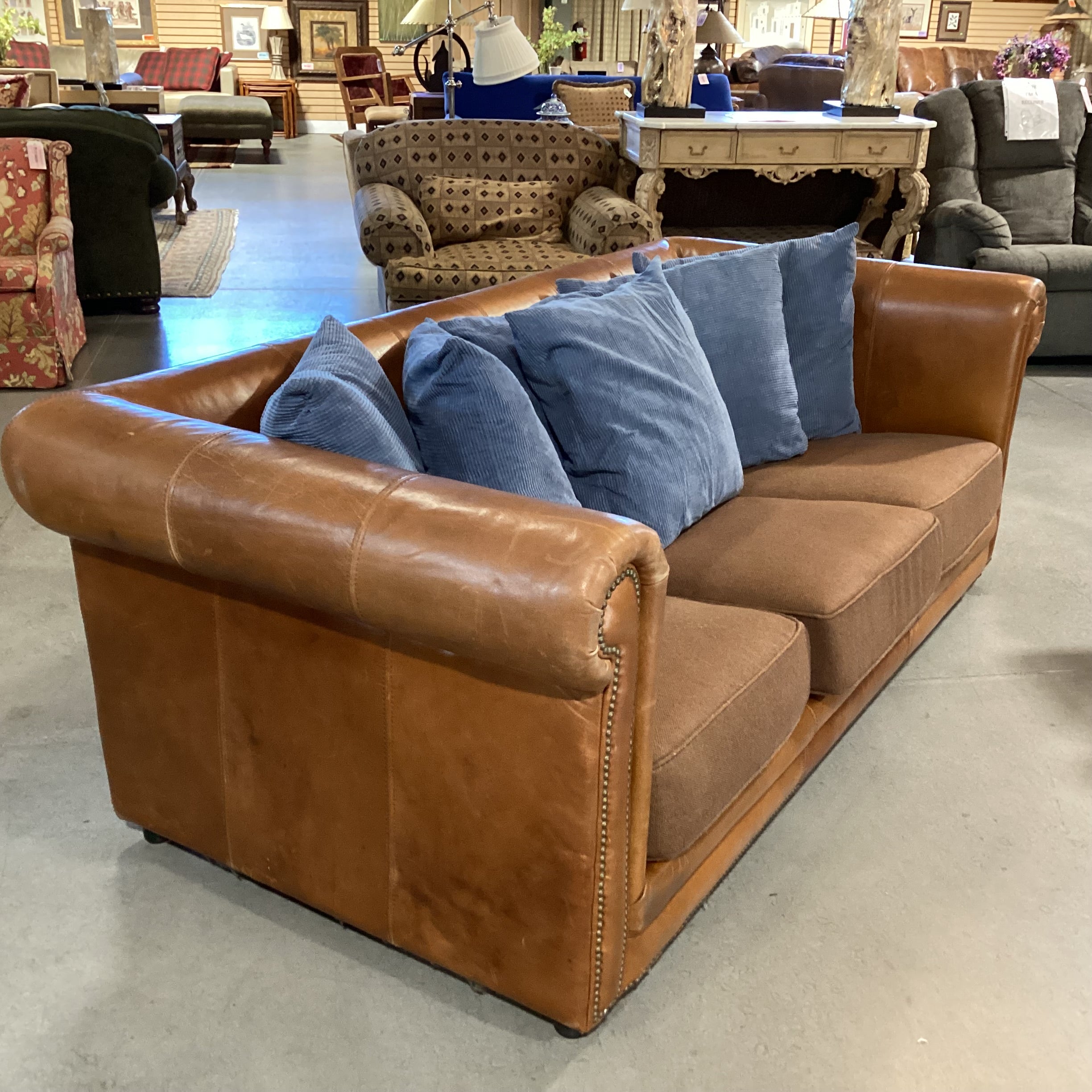 Bassett John Elway Home Collection Leather Roll Arm Nailhead & Upholstery Seat & Back Pillows Sofa 87"x 42"x 30"