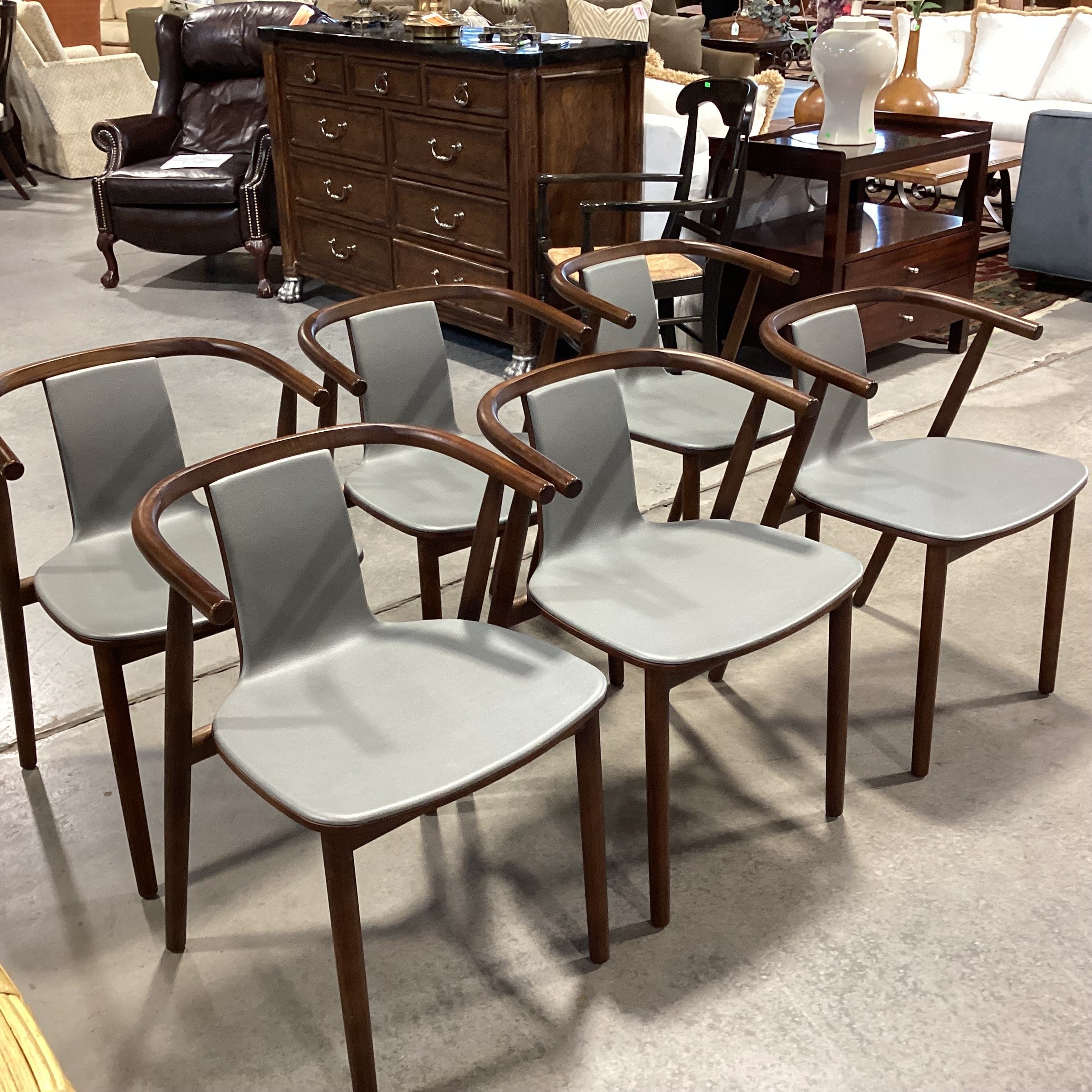 SET of 6 Cappellini Bac Grey Leather & Walnut Modern Dining Chairs 21"x 20"x 29"