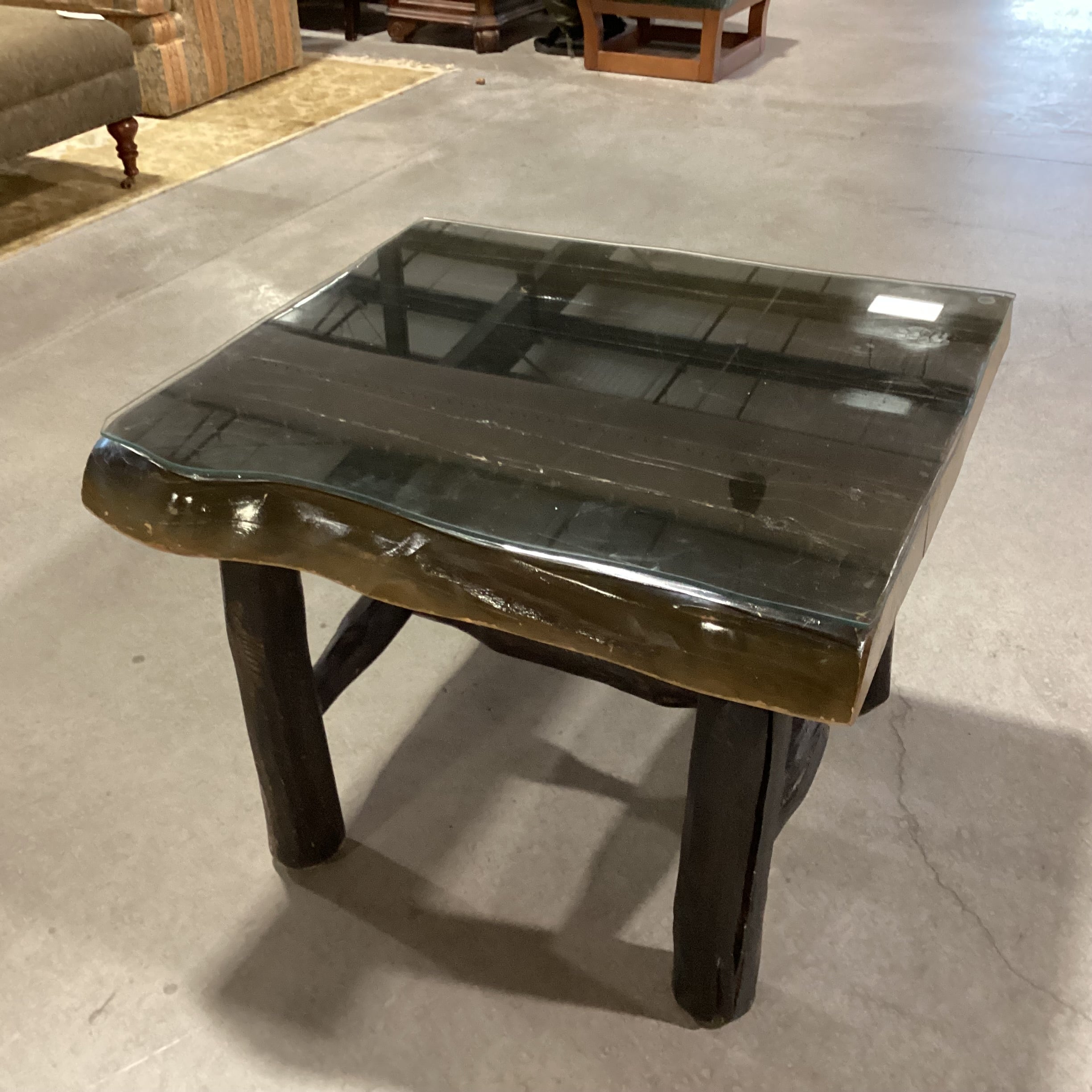 Live Edge & Log Dark Finish Solid Wood with Glass Top Accent Table 32"x 32"x 25"