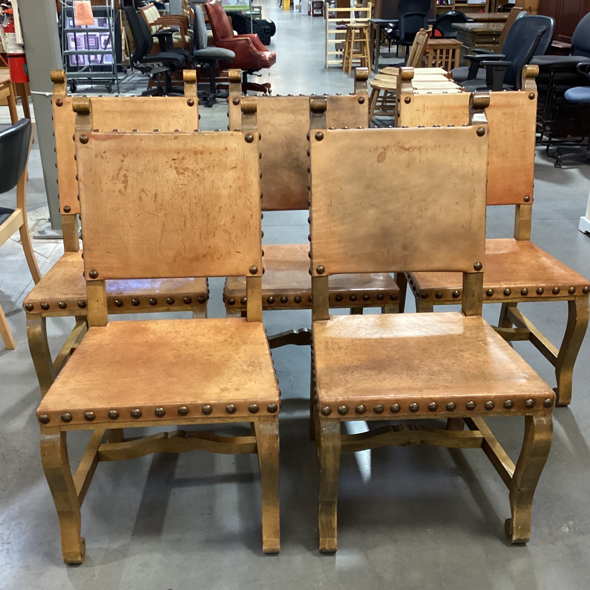Set of 7 Carved Wood & Leather Nail Head Rustic Dining Chairs 23"x 24"x 41"