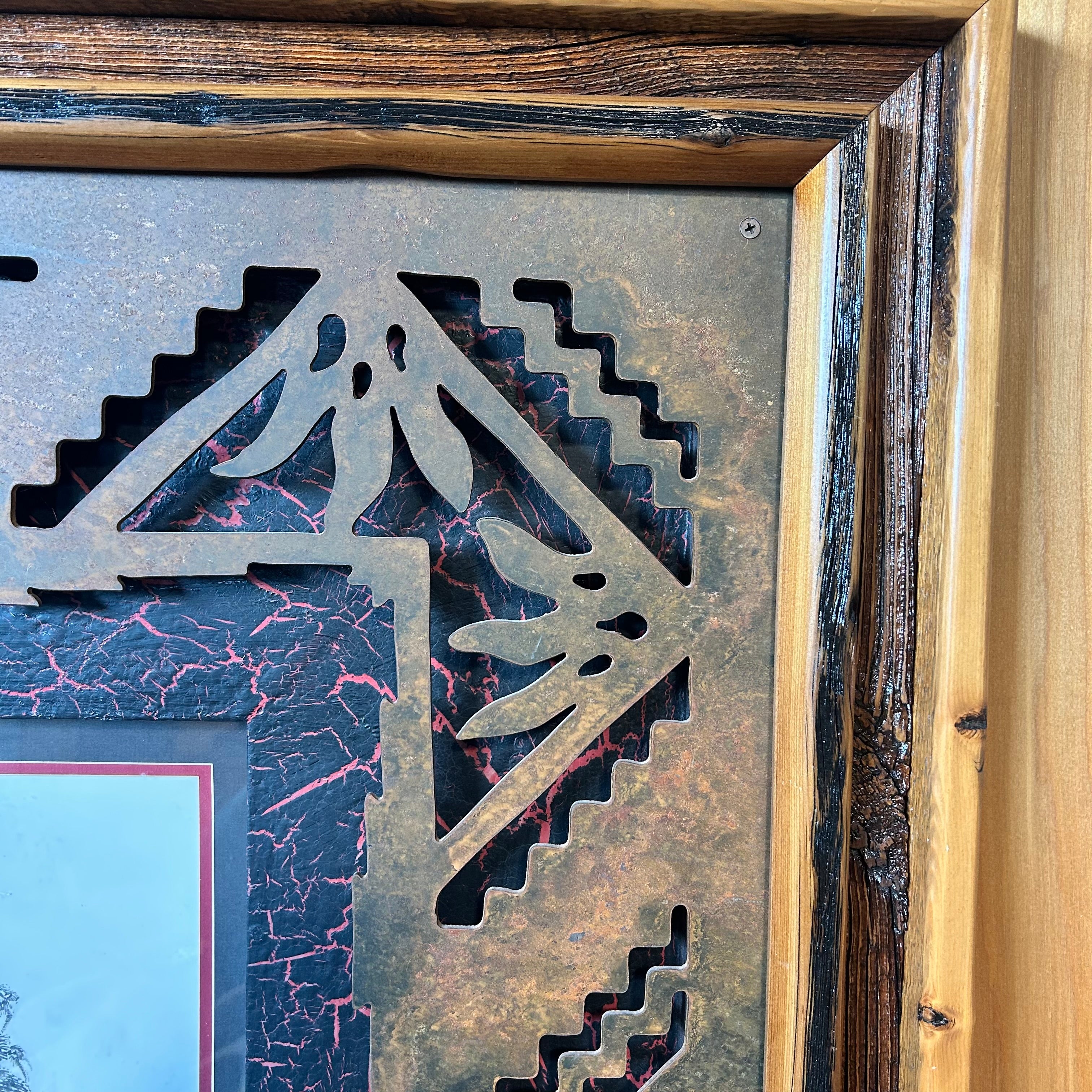 Kieth Rookwood Pencil Drawing Of A Native American Chief With One Of A Kind Custom Frame Made From Pine Wood Laser Cut Iron And Acrylic Crackel Backing 48"x 48"