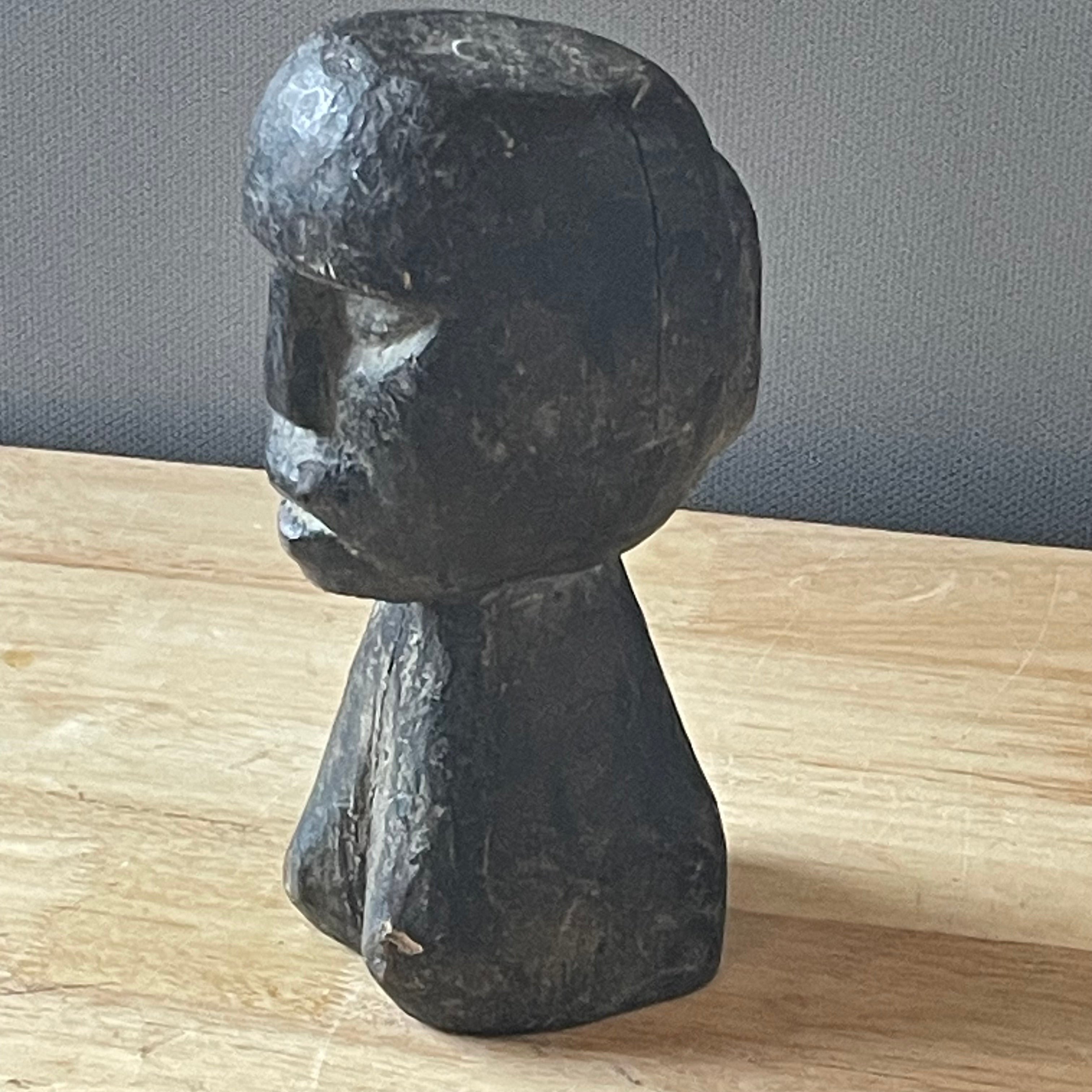 West African Ivory Coast Primitive Hand Carved Wood Bust, 4"x 9.75"