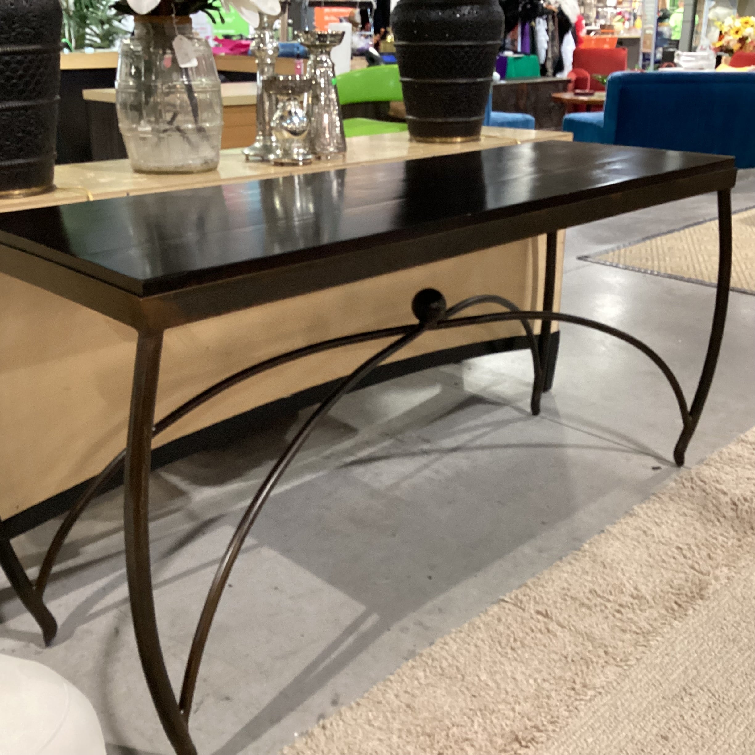 Dark Finished Wood & Iron Stretchers Trestle Accent Table 73"x 23"x 34.5"