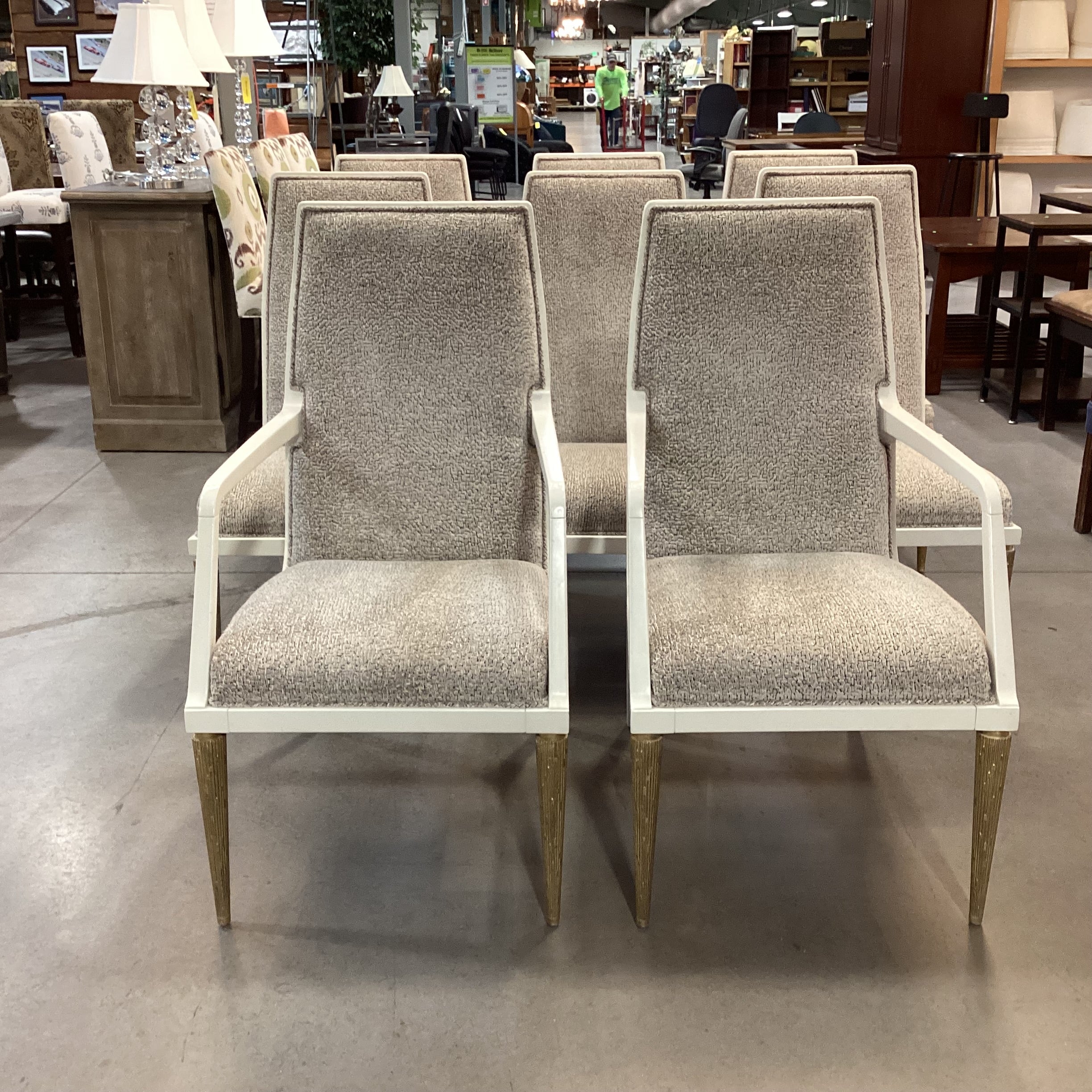 SET of 8 Jean Louis Denoit for Baker Taupe Cream Black Raised Chenille Woven & Cream Gold Wood Jasper Dining Chairs 23"x 28"x 42"
