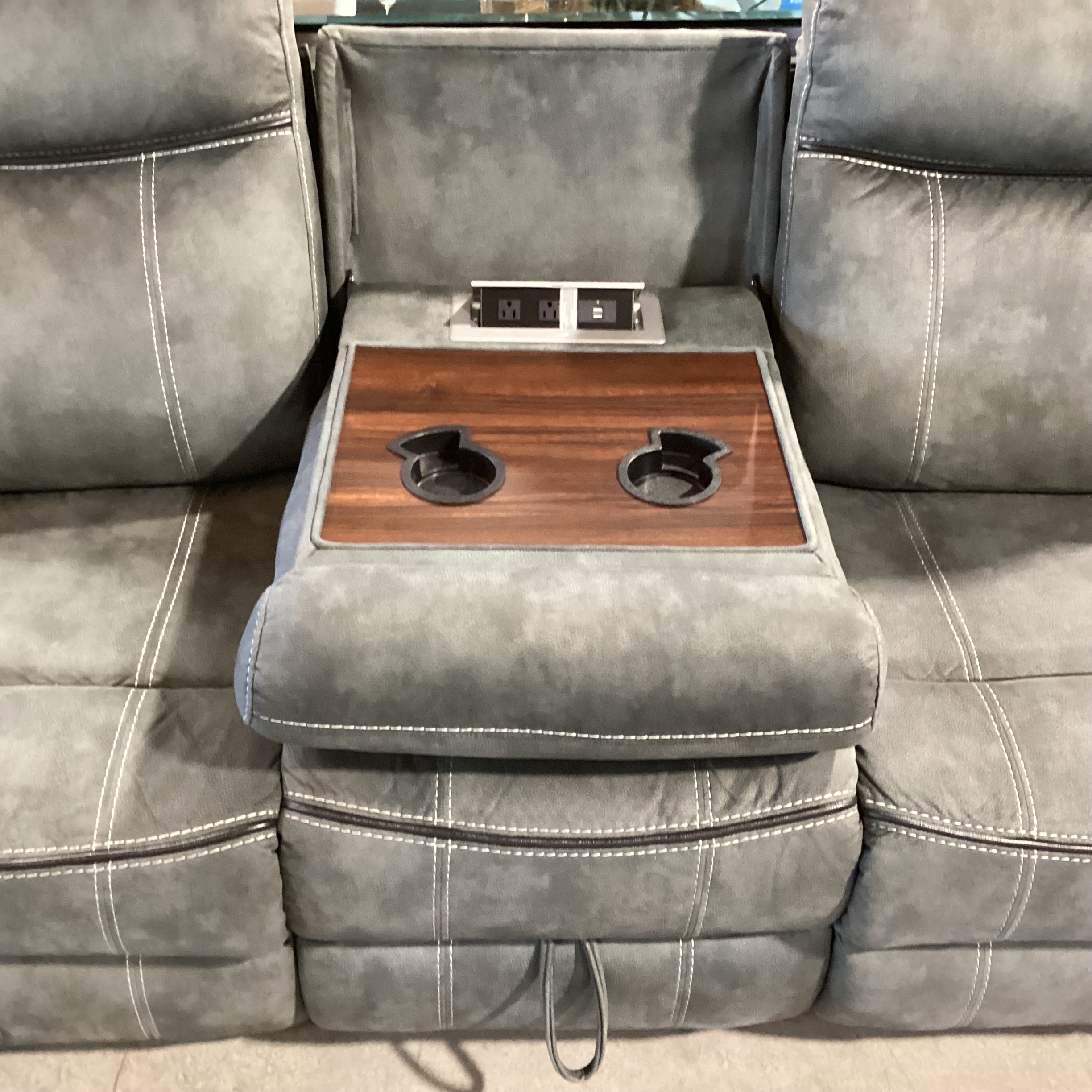 Textured Slate Grey Ultra Suede with Piping & Stitching Accent Double Recliner with Outlet Console Sofa 89"x 39" to 55"x 41"