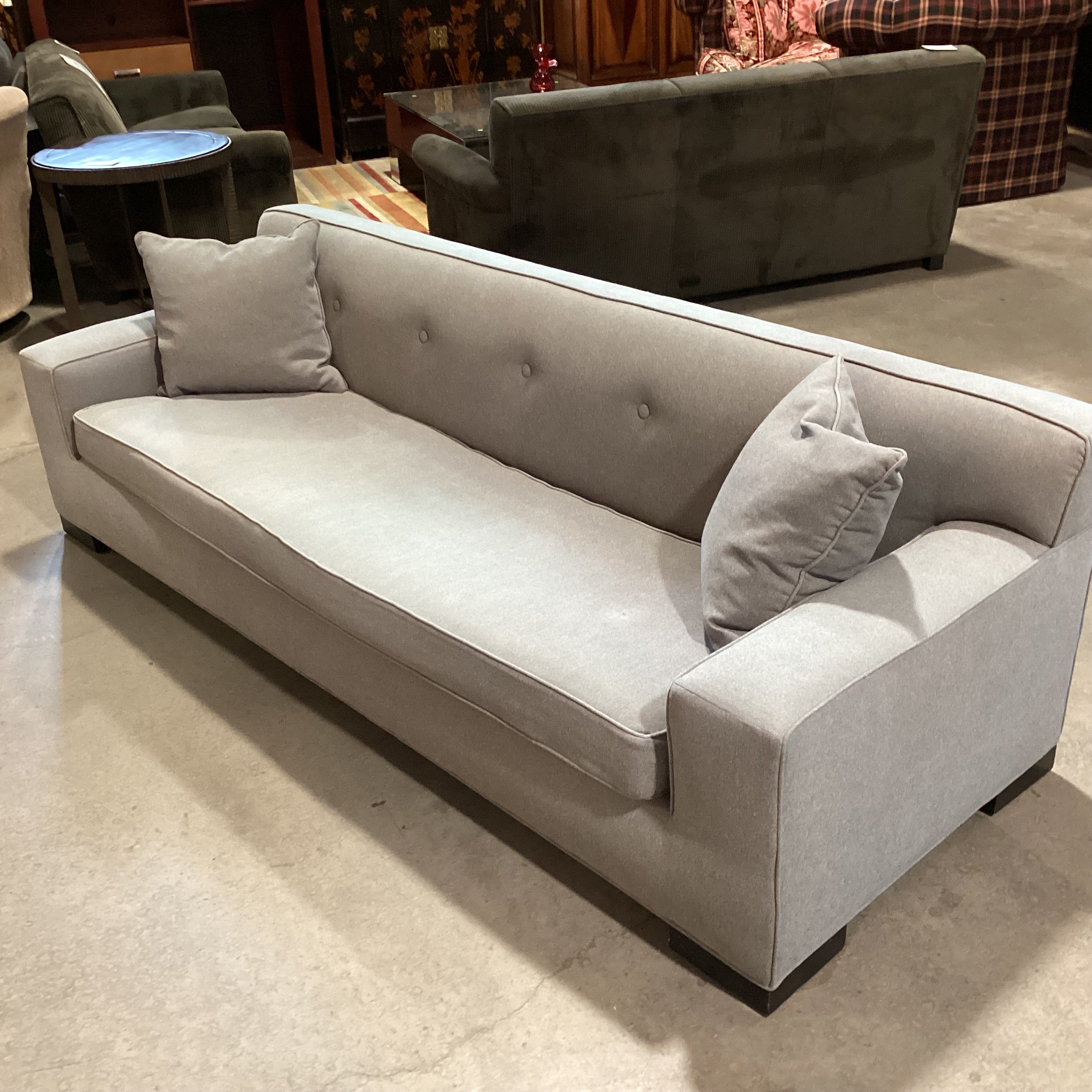 Mid Century Modern Style Blue Grey Wool Button Tufted Back Long Sofa 98"x 36"x 30"