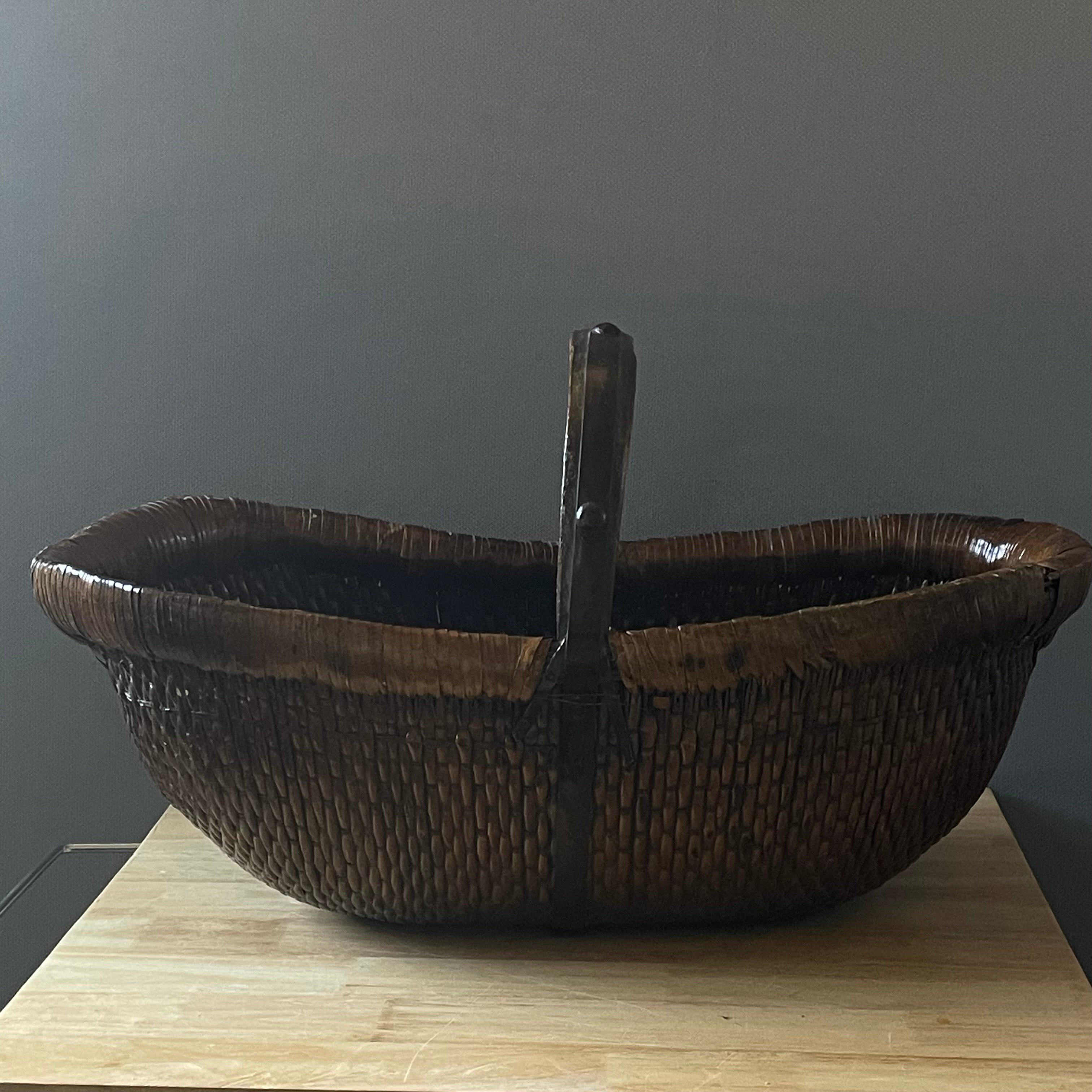Vintage Chinese Woven Gathering Basket, 26"x 11.5"x 14.5"