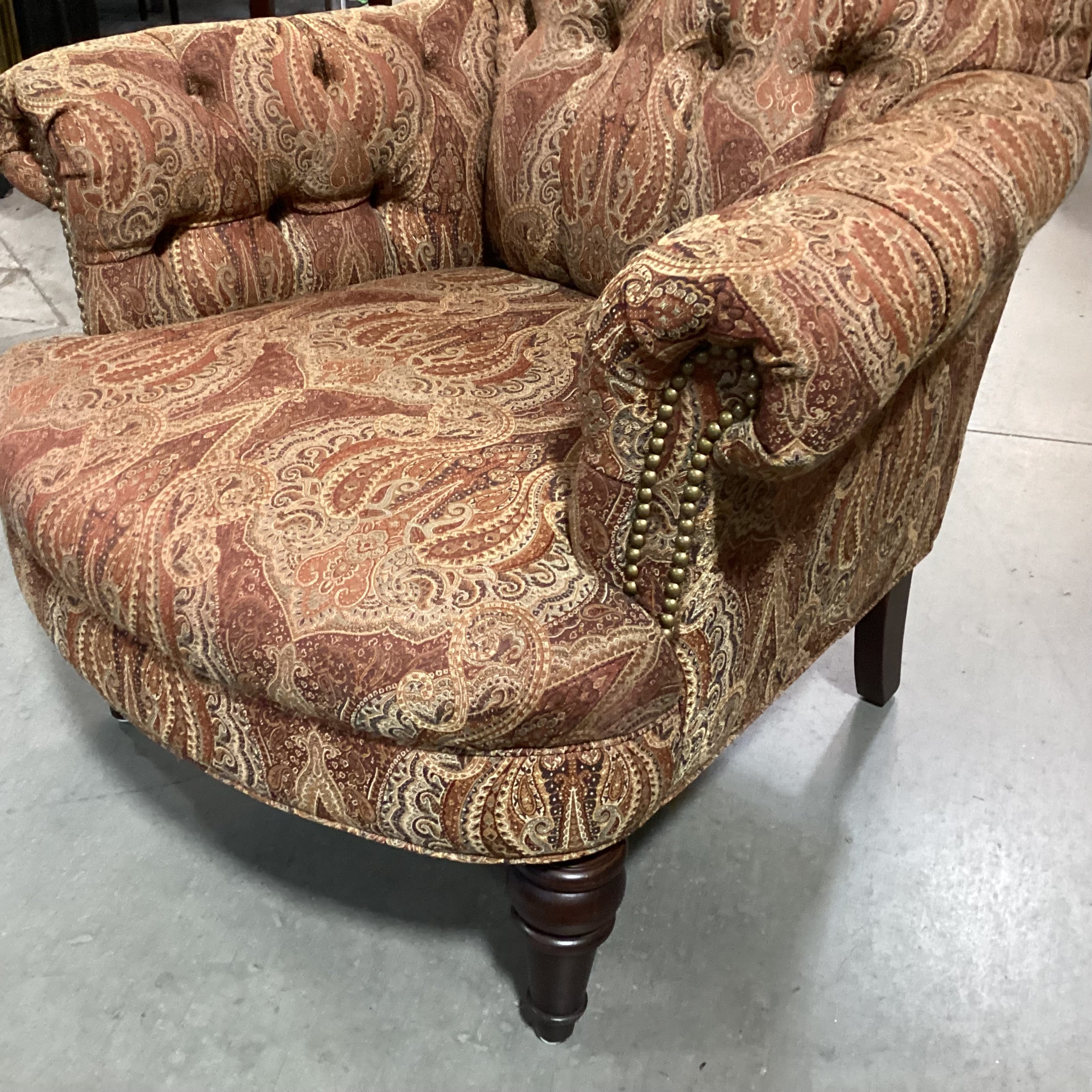 Custom Gold Rust Tan Ornate Paisley Tufted Nailhead with Carved Feet Chair 34"x 38"x 38"
