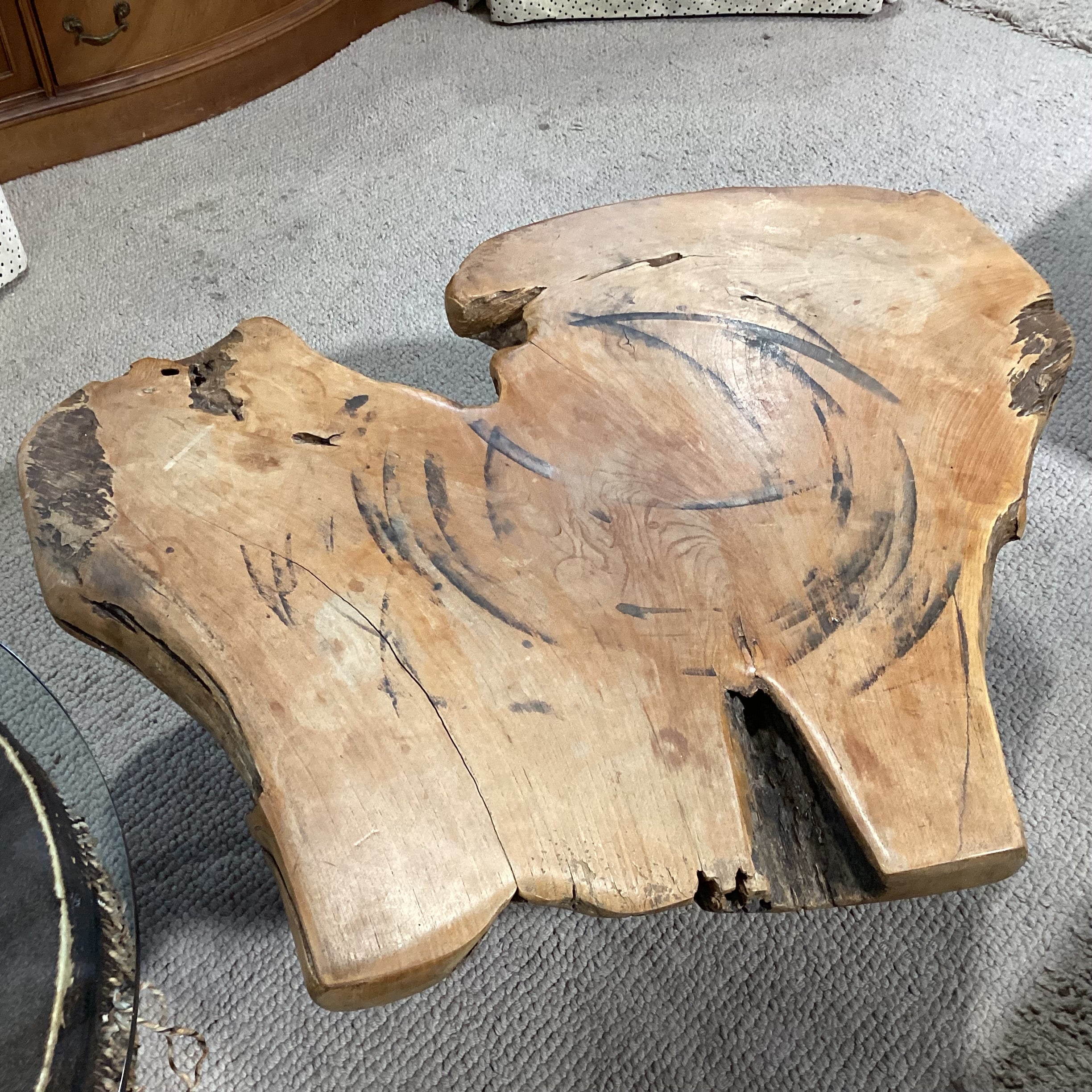 Vintage Root Stump & Live Edge Slab Coffee Table 42"x 34"x 18.5"