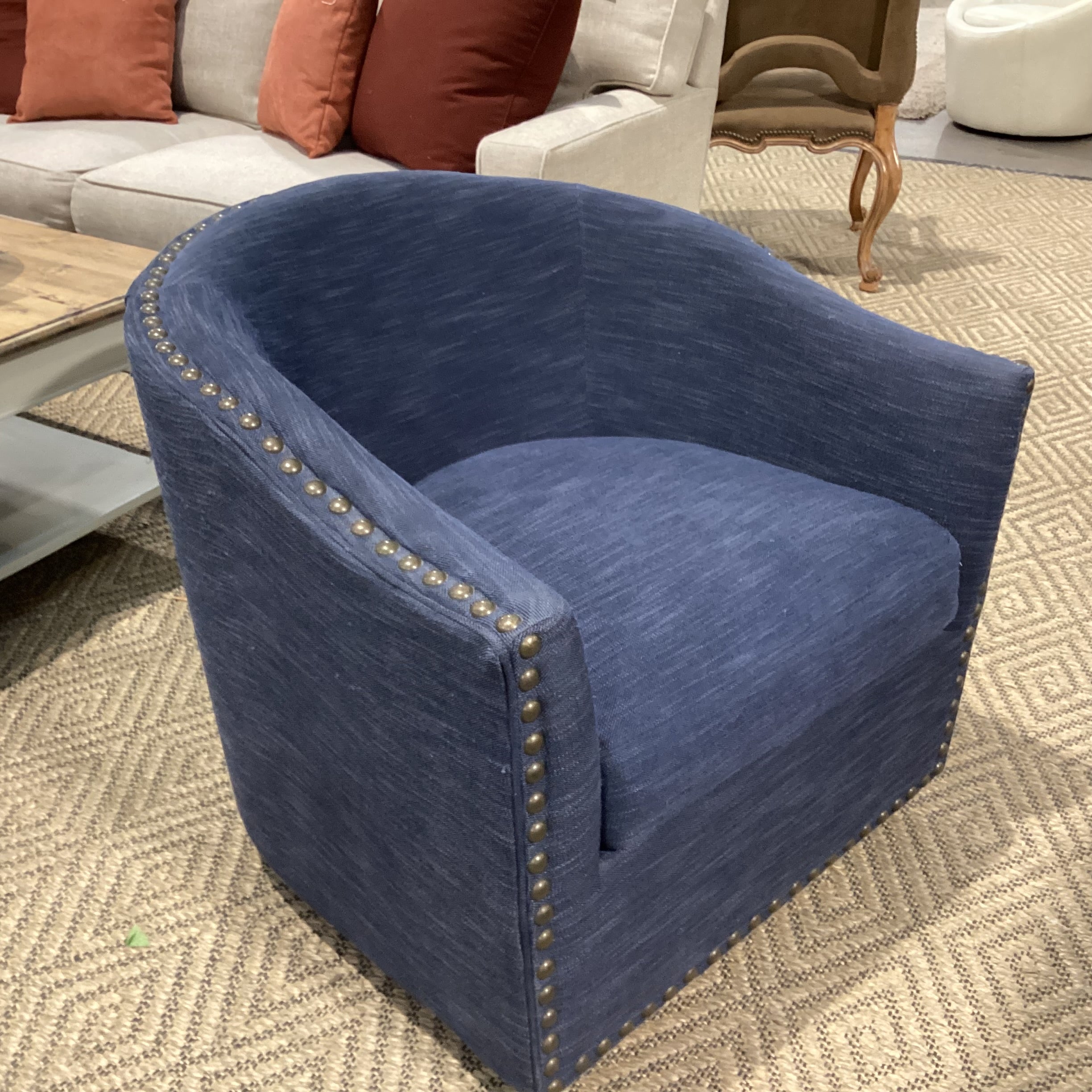 Bauhaus Furniture Woven Denim Look & Nailhead Barrel Swivel Chair 32"x 34"x 30"