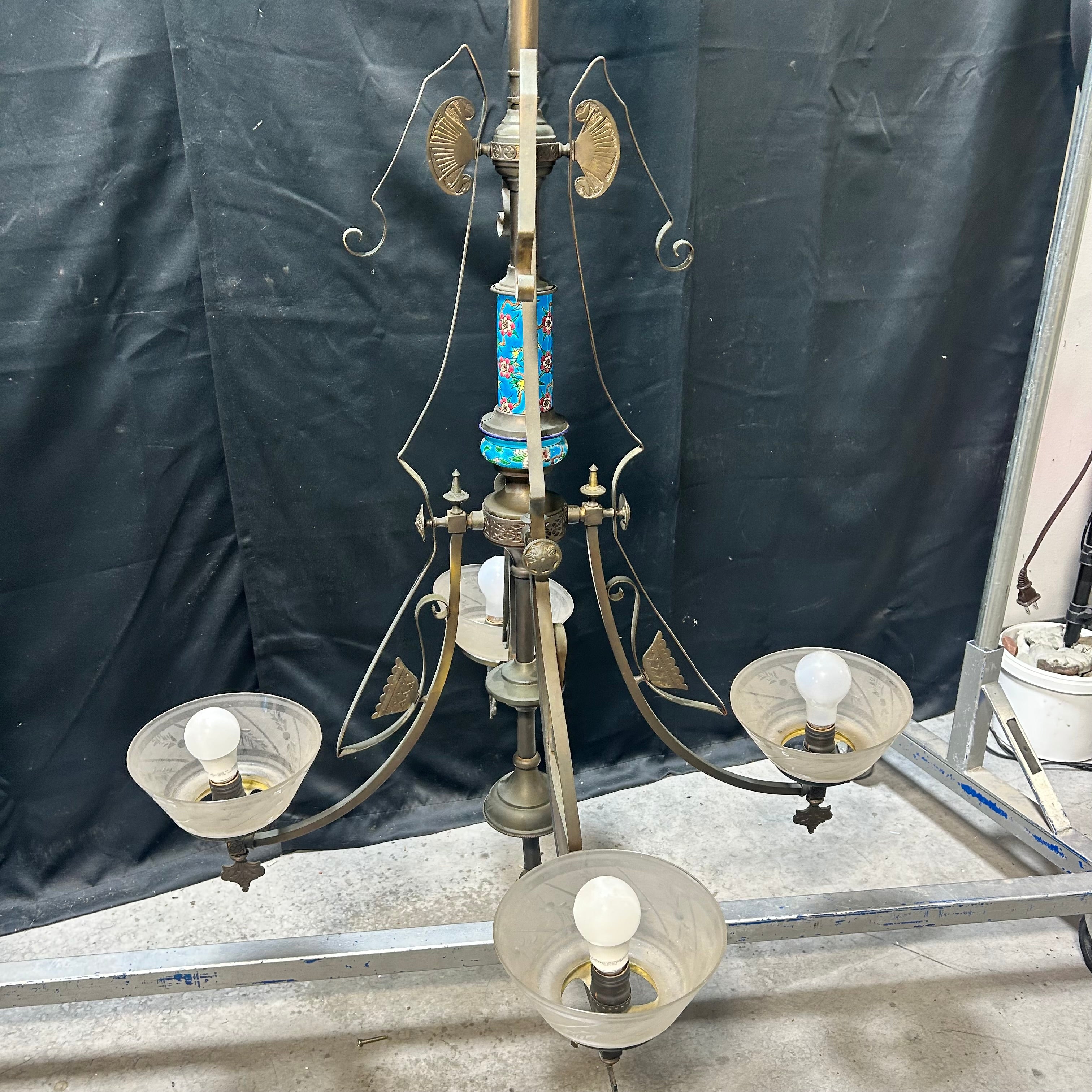 4-Light Aesthetic Eastlake Gas Chandelier Circa 1870  With Ceramic and Etched Glass 33"x 57"