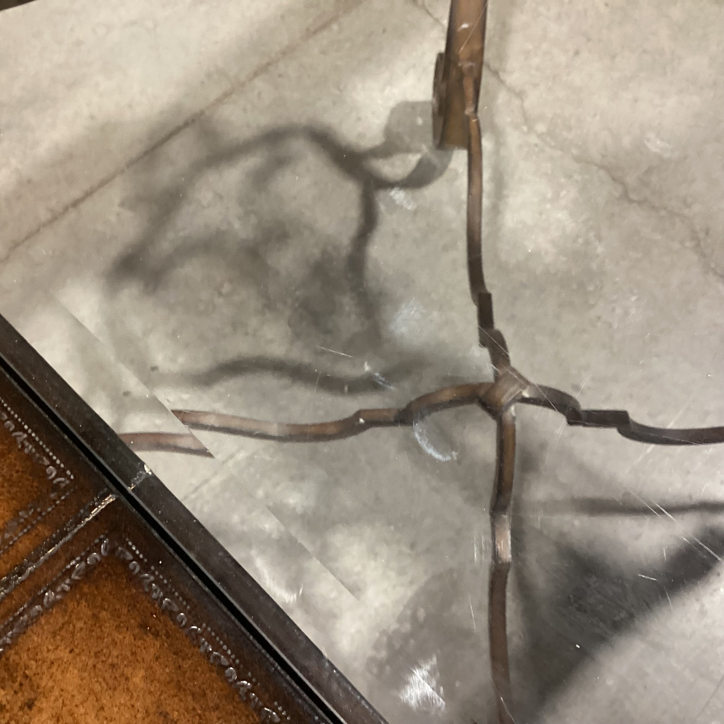 Ornate Iron & Leather Inset Glass Top Accent Table 30"x 30"x 27"
