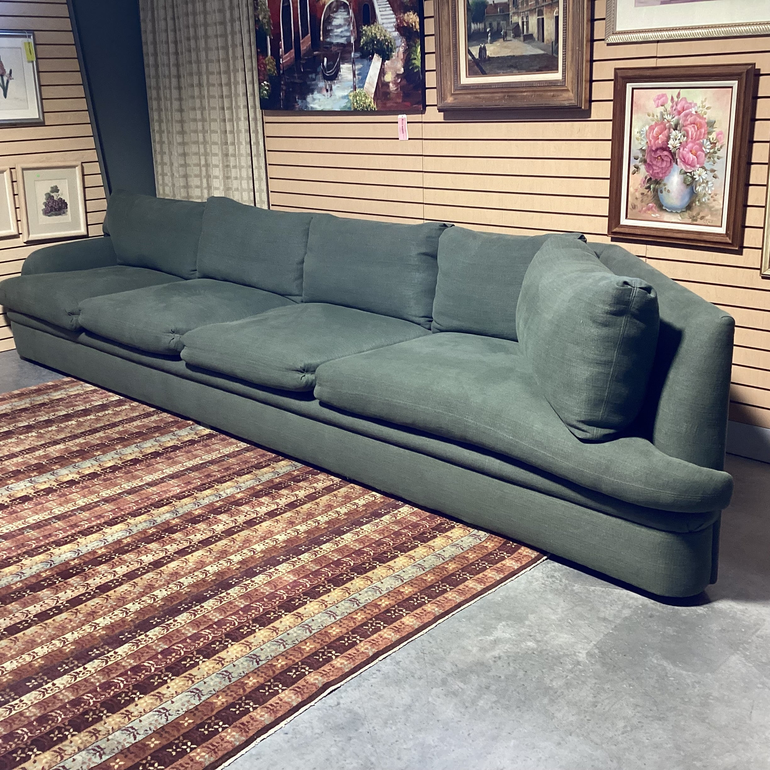 Custom Sage Belgian Linen & Down Angled Side Detail Sofa 170"x 42"x 33"