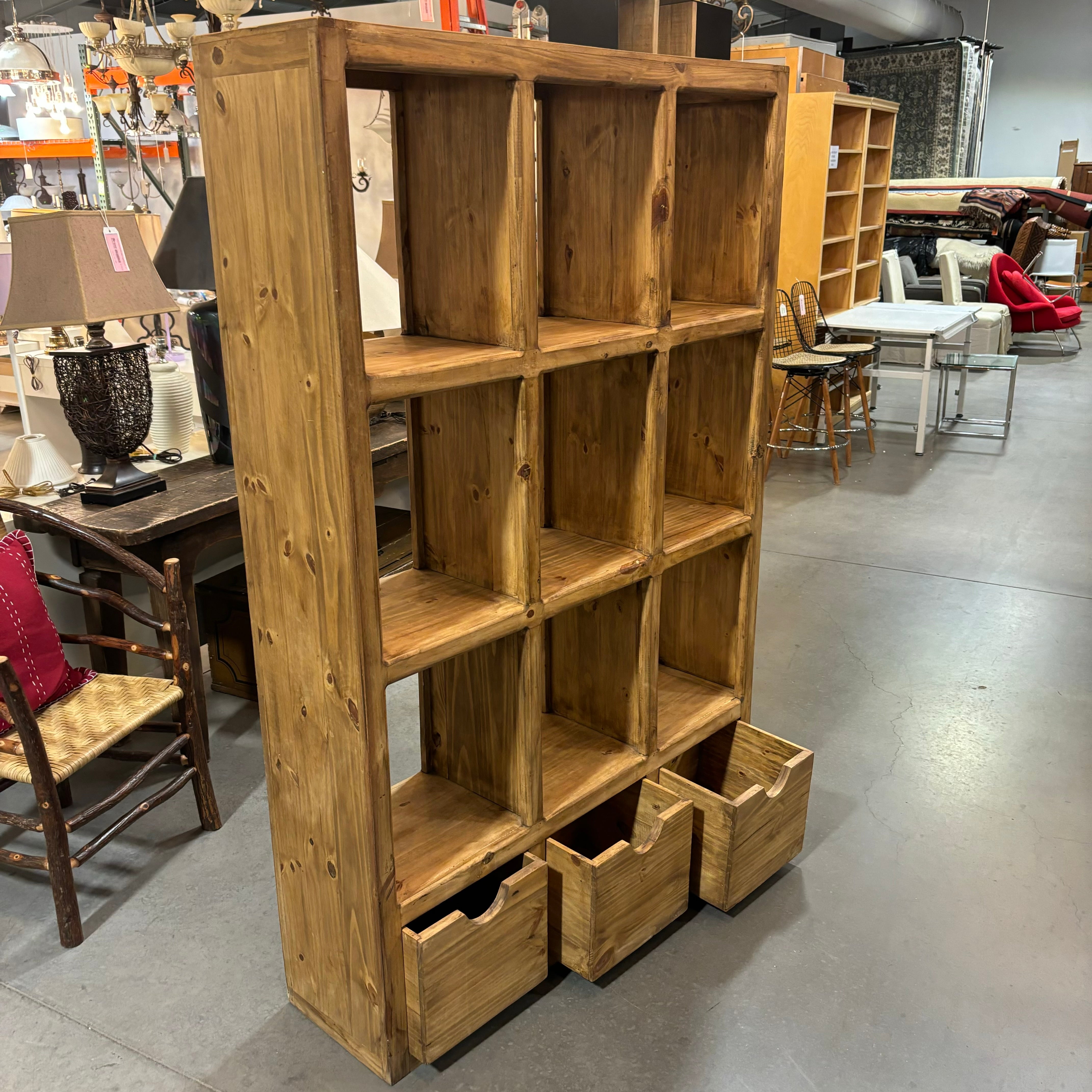 Natural Style Solid Pine 9 Cubby with 3 Drawers Bookcase 49"x 14"x 75"