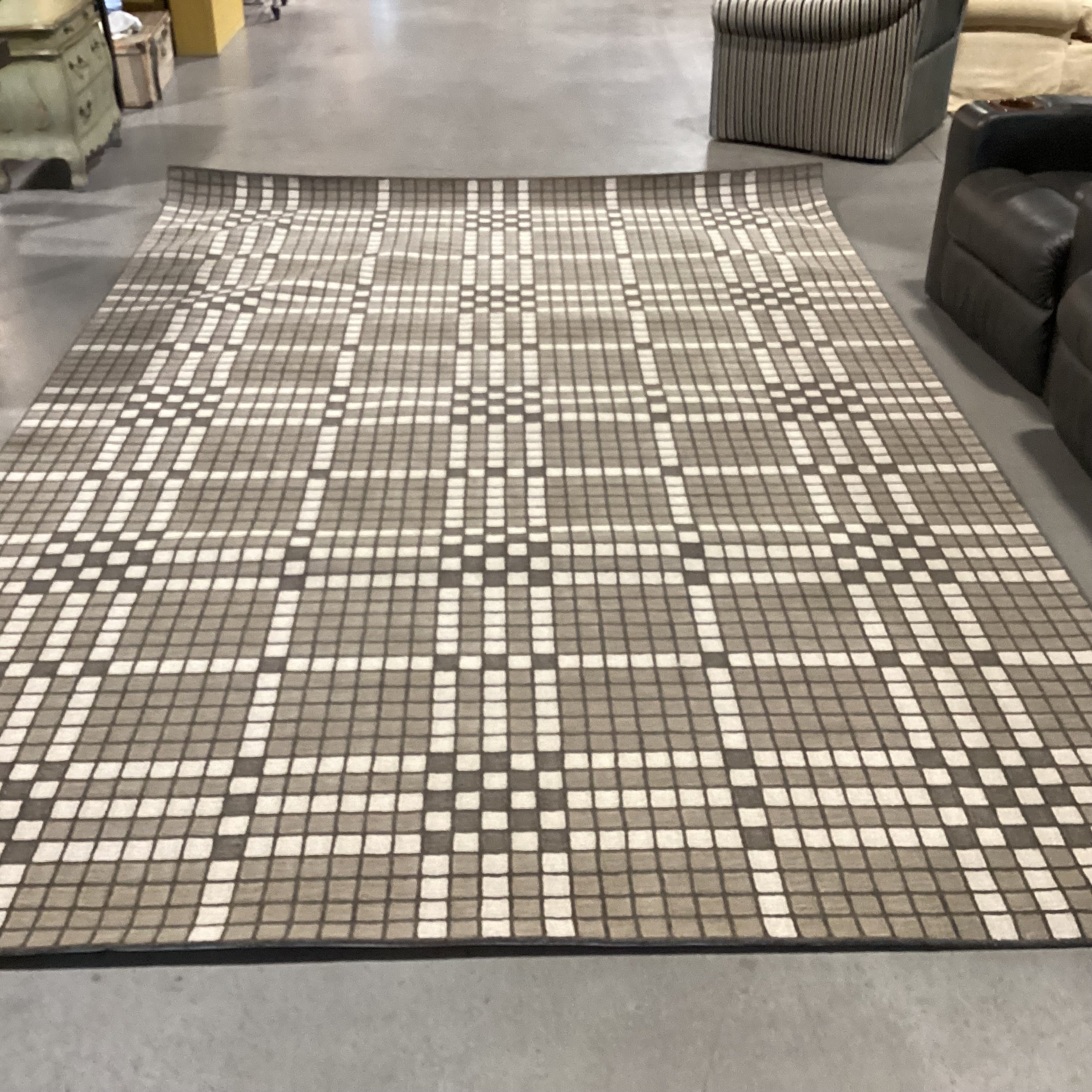 Custom Made Beige Taupe Brown Square Design Looped Wool Heat Sealed & Border Backing Rug 8' 7"x 12' 10"