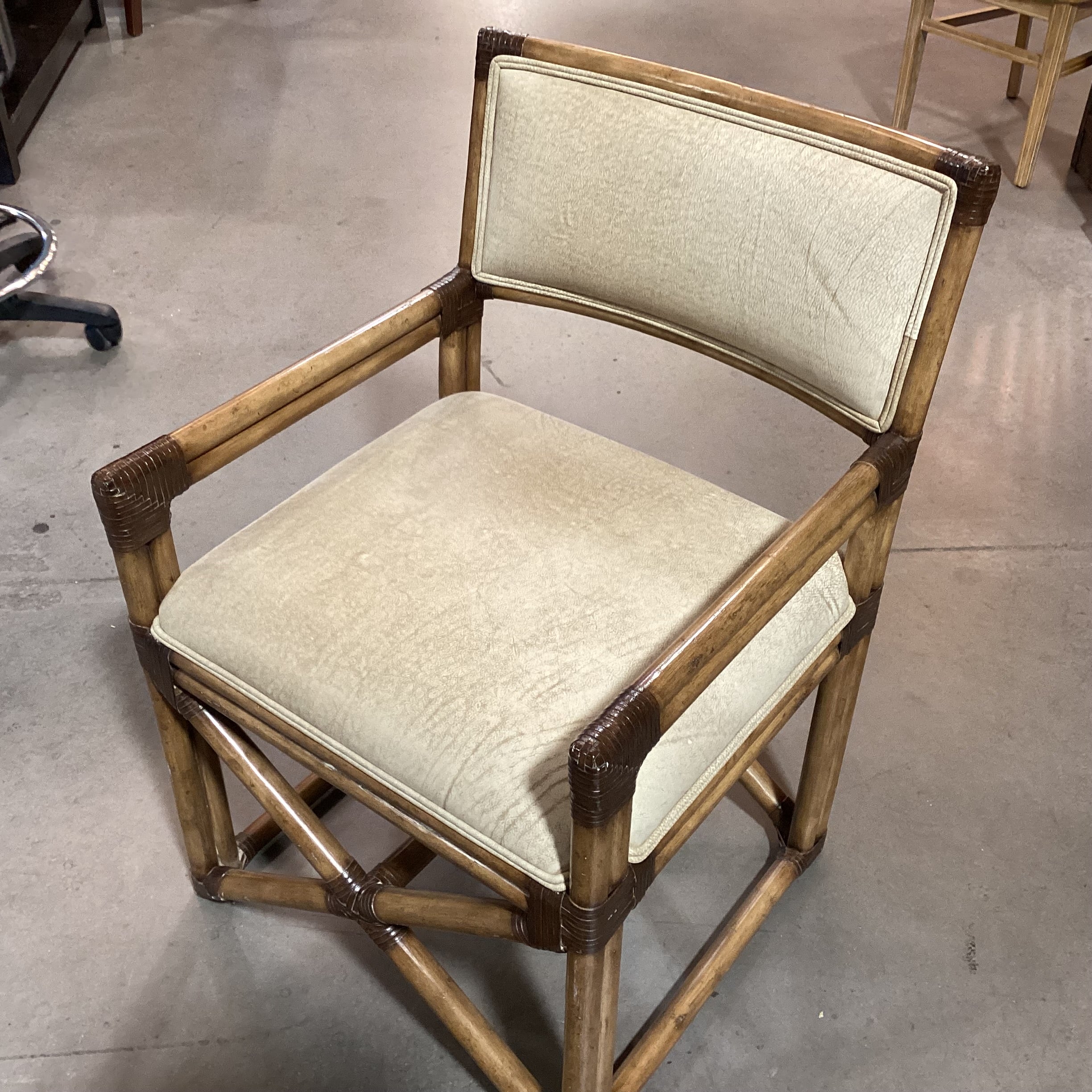Vintage Bamboo Leather Strap Wrapped & Texture Tan Leather Accent Chair 24"x 24"x 35"