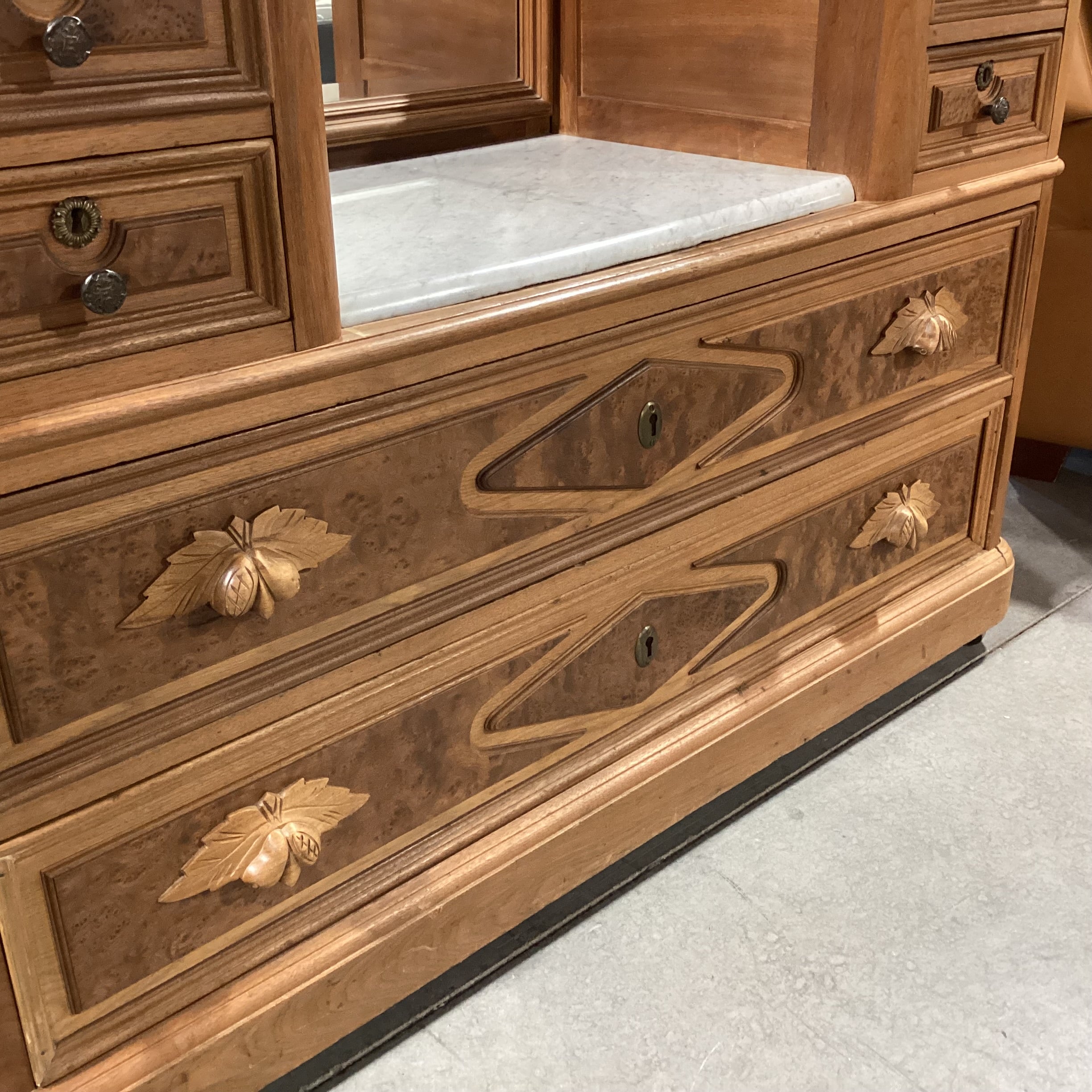Antique Carved Wood with Mirror 4 Drawer & Marble Top Center Vanity Chest Dresser 52"x 20"x 87"