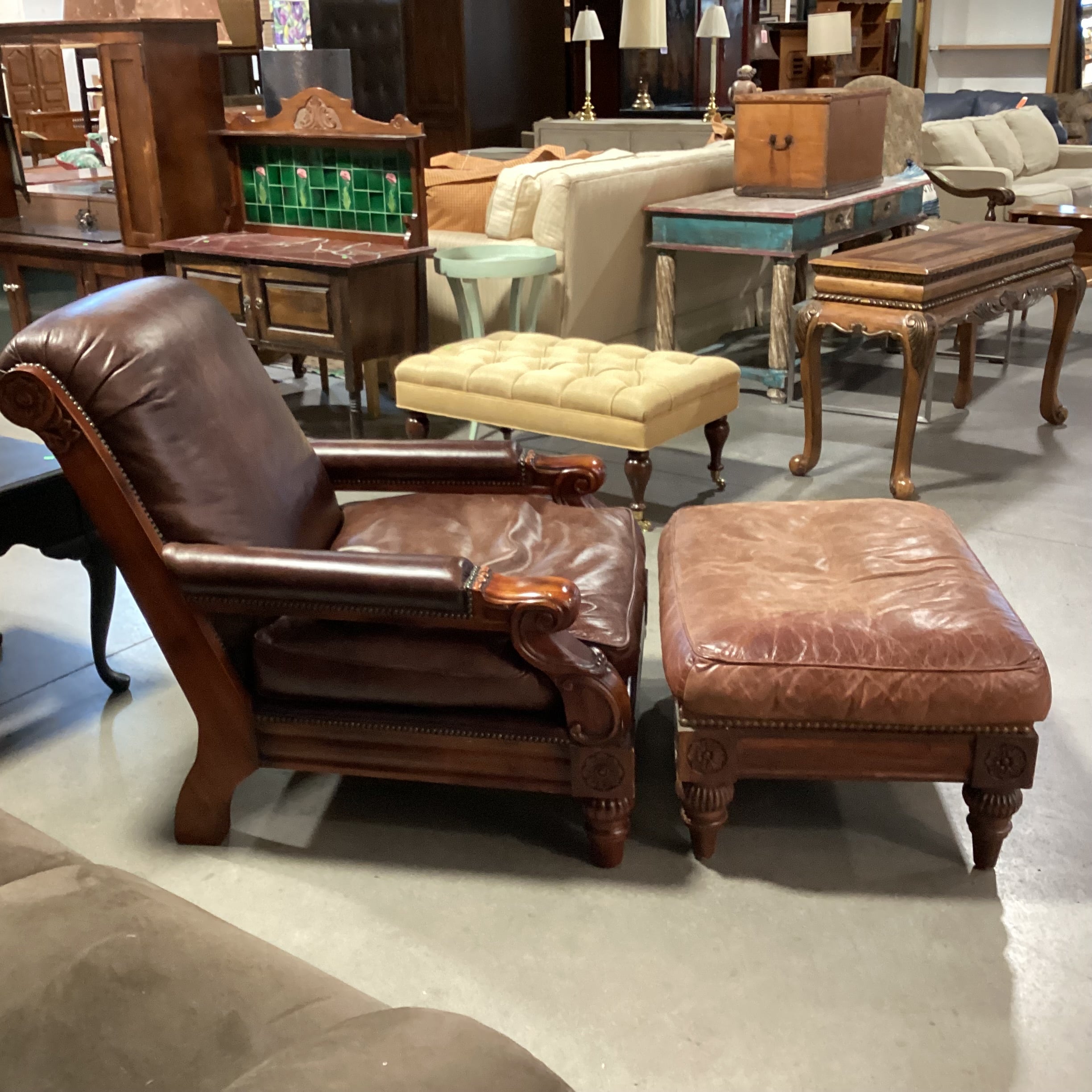 Carved Wood Leather Nailhead Down Mix with Ottoman Chair 36"x 44"x 40"