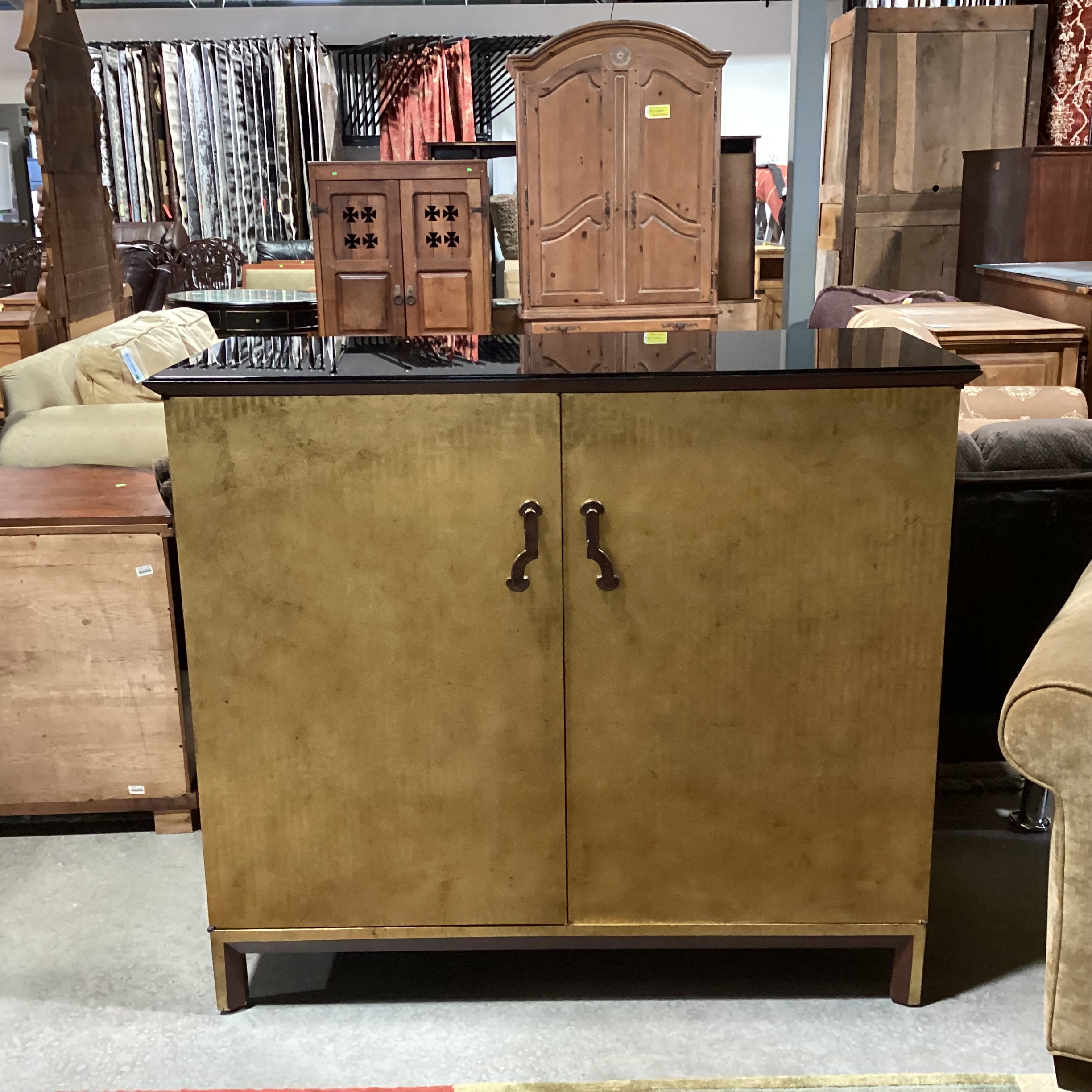 Asian Style Gold Painted Design with Brass Pulls & Black Glass Top 2 Door with Shelves Cabinet Console 49"x 20"x 43"