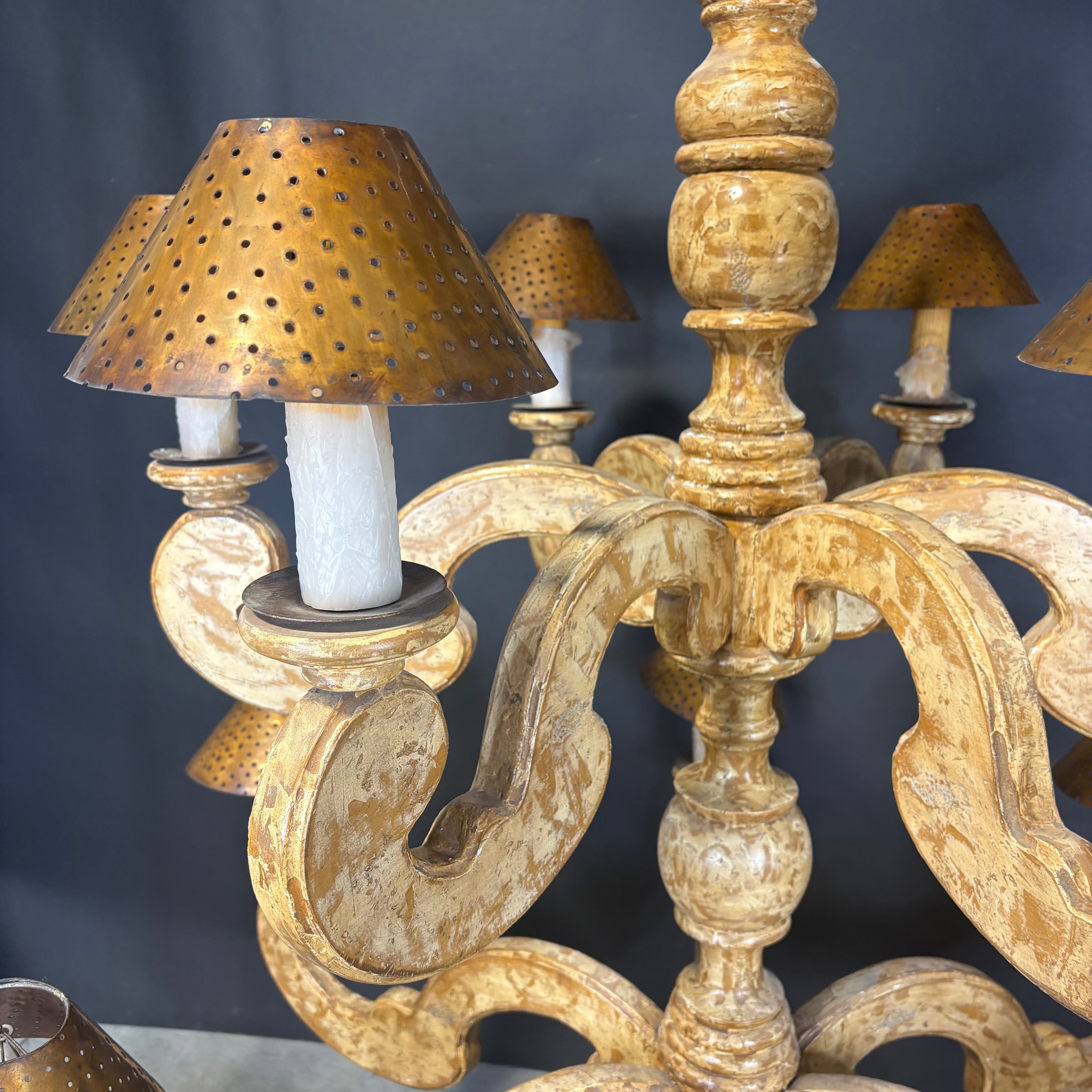 Bruce Eicher 12-Light Tiered French Country Distressed Cream/Gold Wooden with Copper Shades Chandelier 48” Diameter x 65”