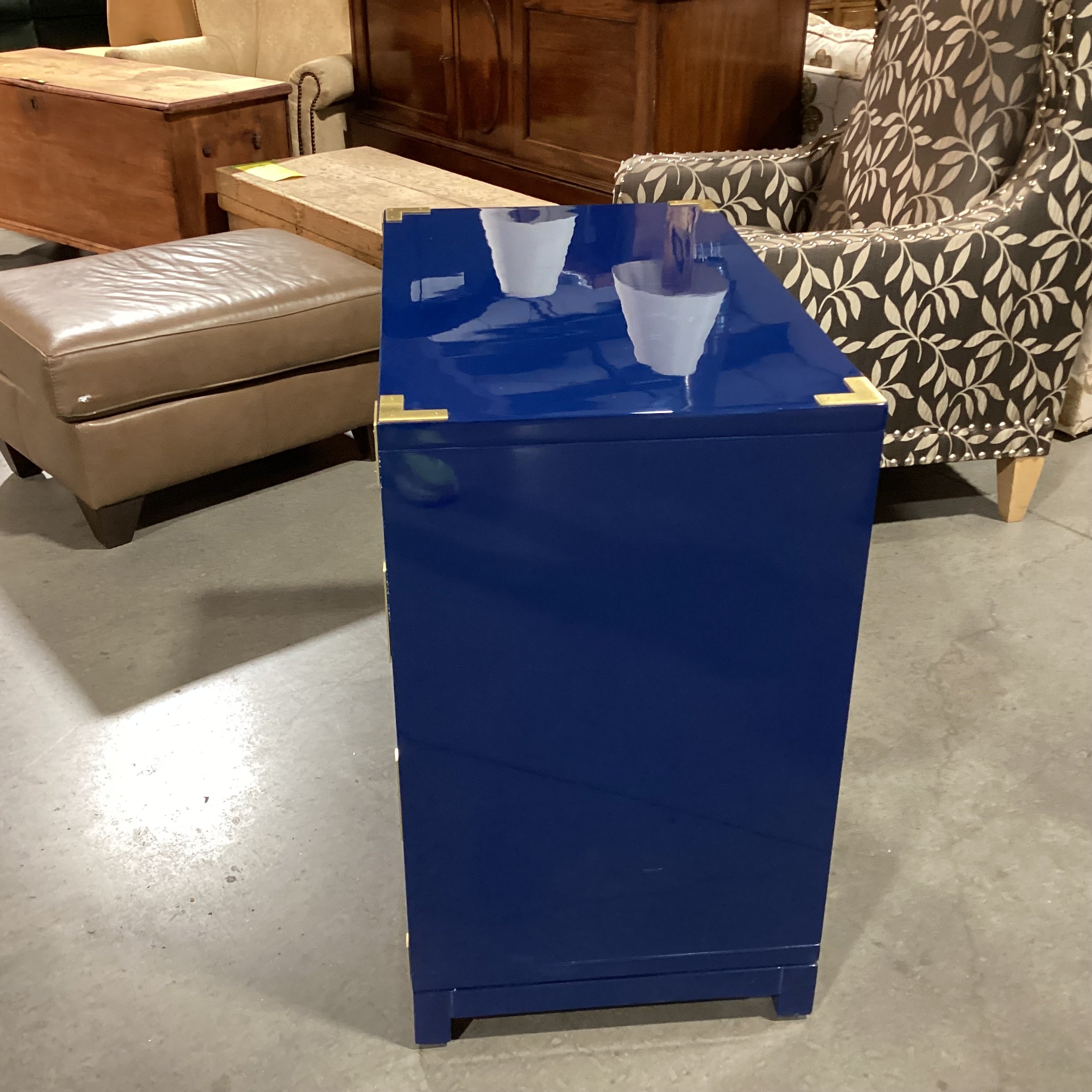 Navy Lacquer & Brass Campaign 3 Drawer Chest 30"x 18.5"x 30.5"