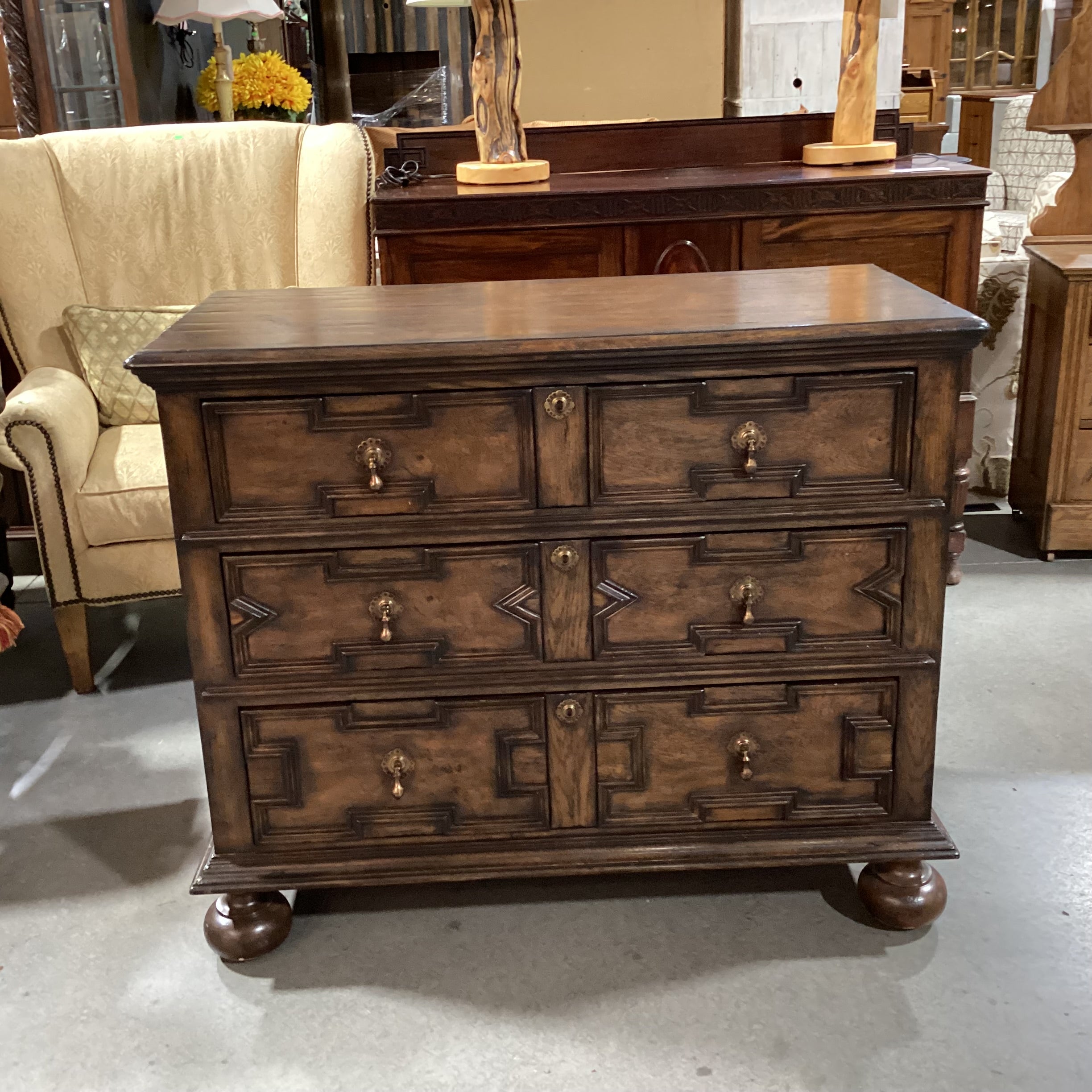 Dark Finish Solid Wood Carved Molding & Ball Feet Detail Brass Teardrop Pulls Keyhole Accent 3 Drawer Chest 43"x 20.5"x 36"