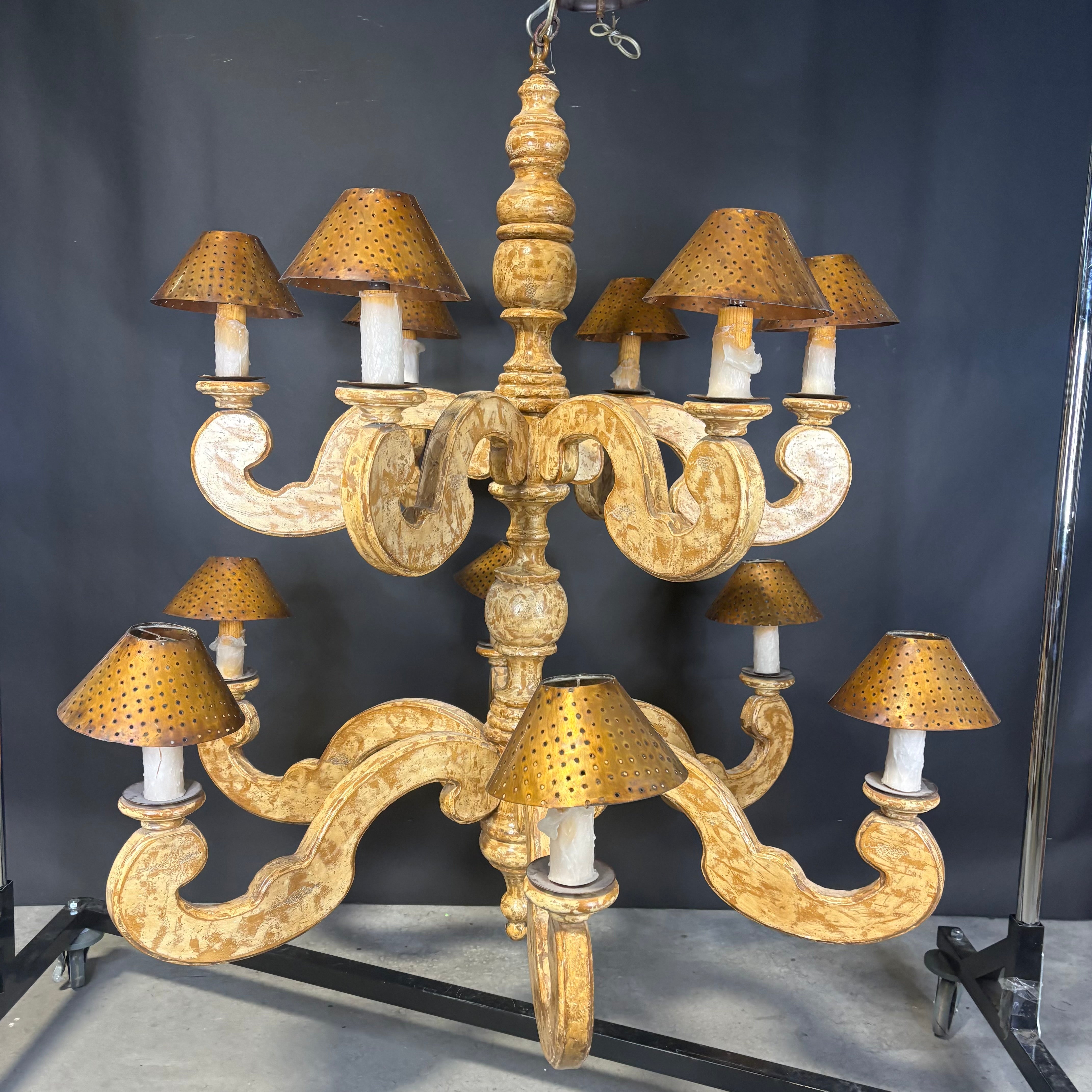 Bruce Eicher 12-Light Tiered French Country Distressed Cream/Gold Wooden with Copper Shades Chandelier 48” Diameter x 65”
