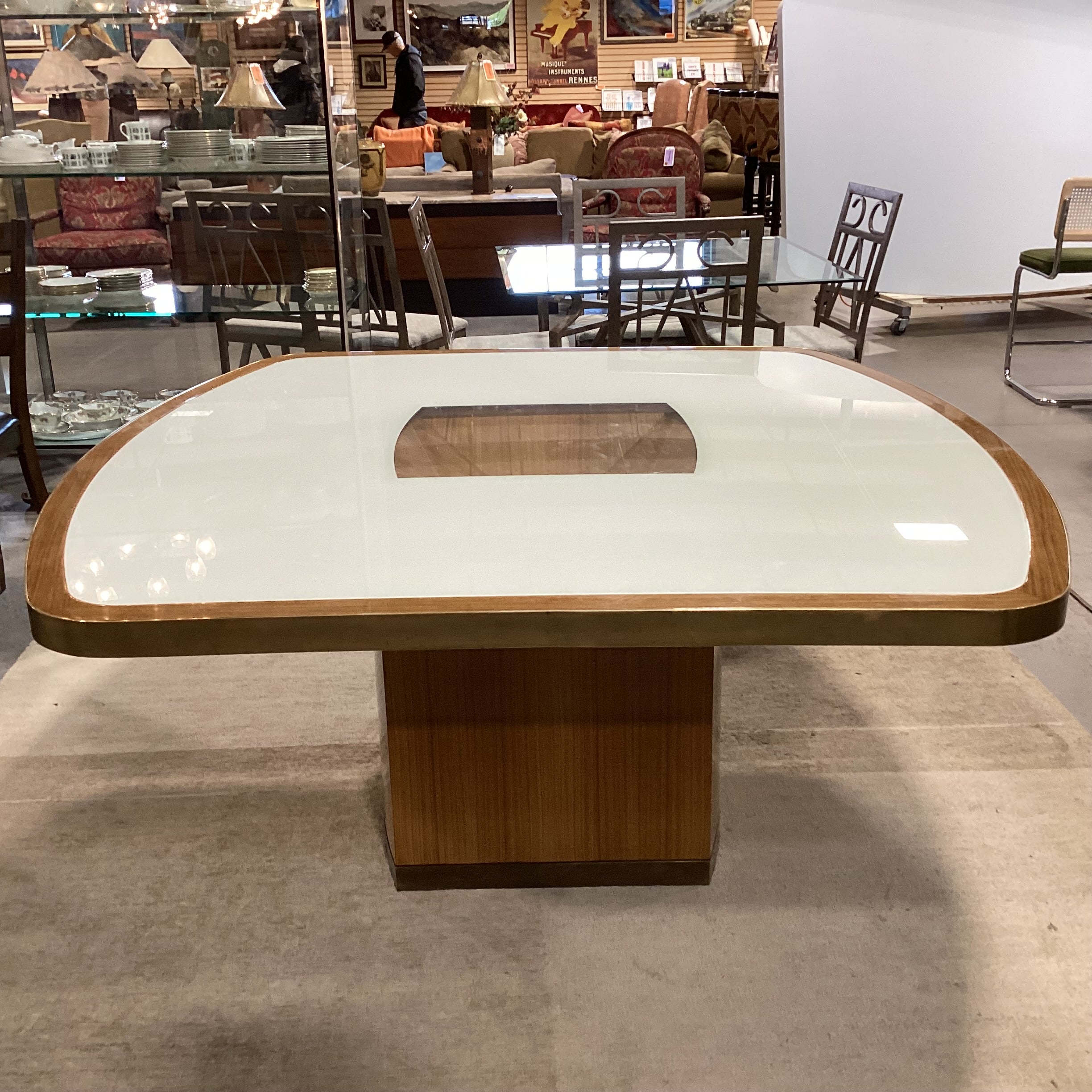 Custom Wood Veneer Brass White Lacquer & Glass Top Dining Table 66"x 66"x 29"