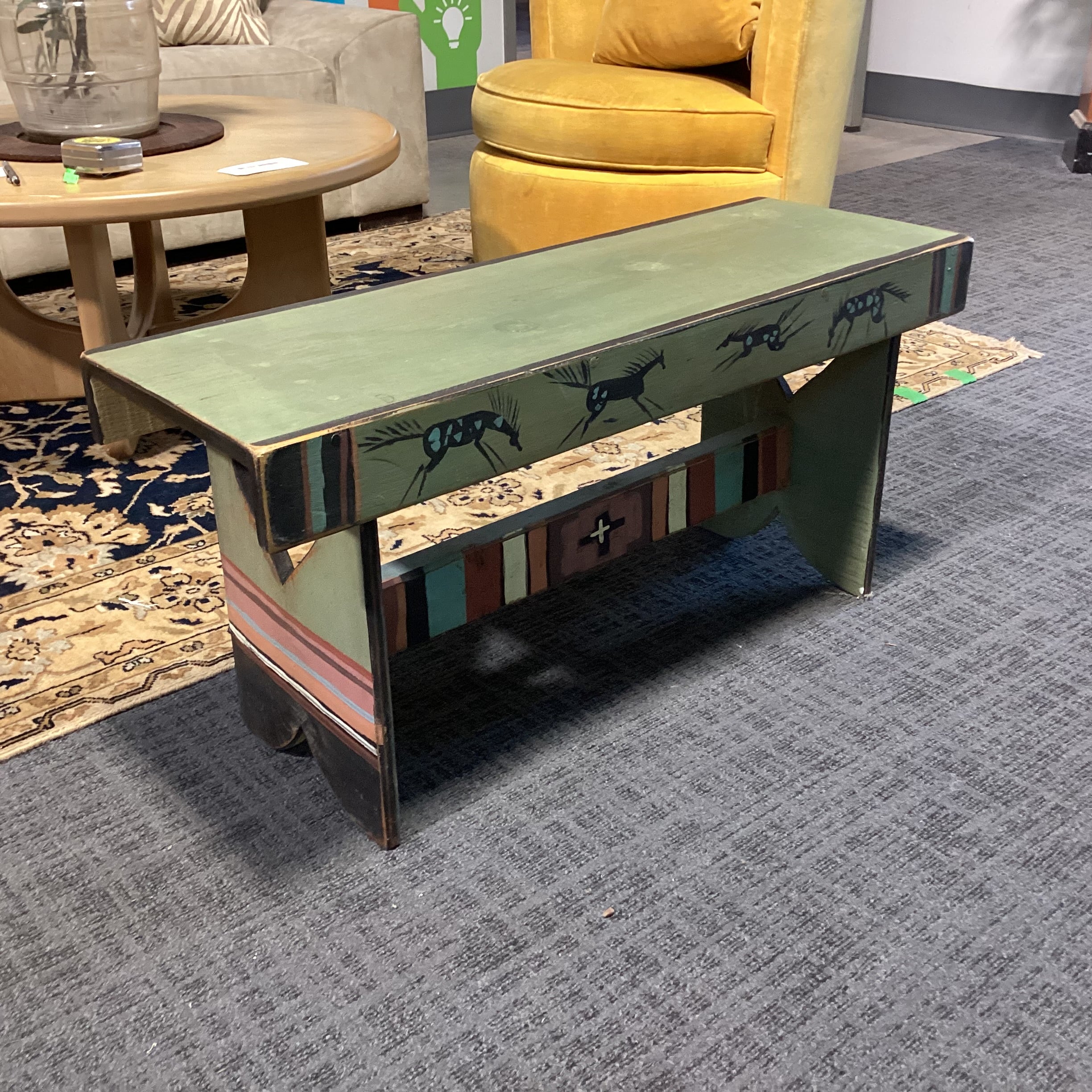 Southwest with Horses Green Rust Black Wood Bench 36"x 12.5"x 17"