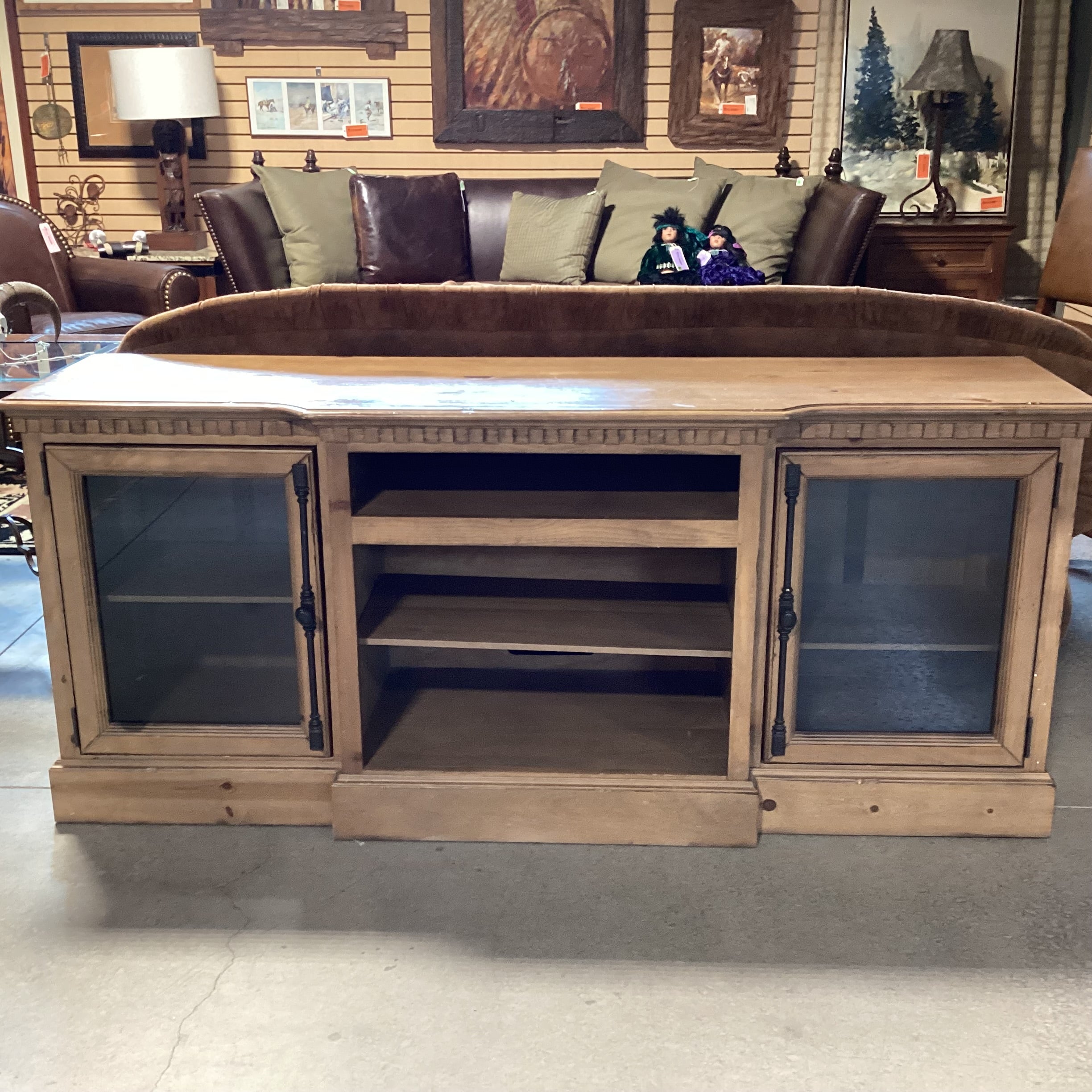 Light Greige Distressed Pine 2 Glass Door with Shelves Console Credenza 74"x 20"x 32.5"