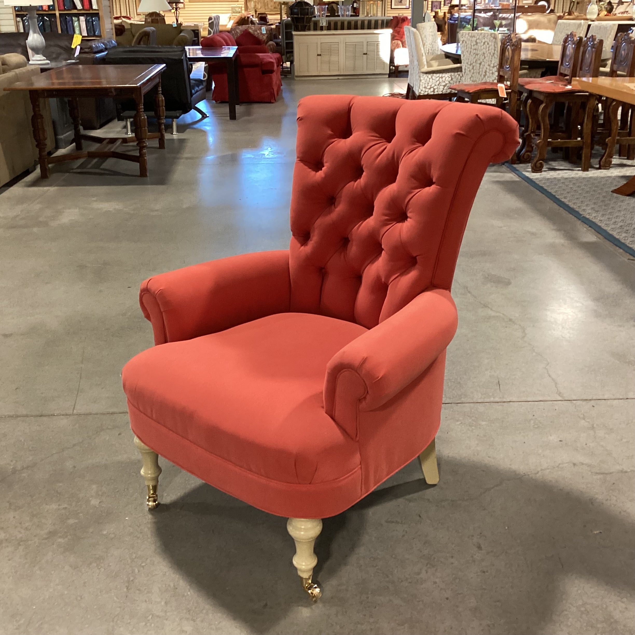 Red Orange Tufted Roll Back & Arms Front Casters Chair 34"x 38"x 44"