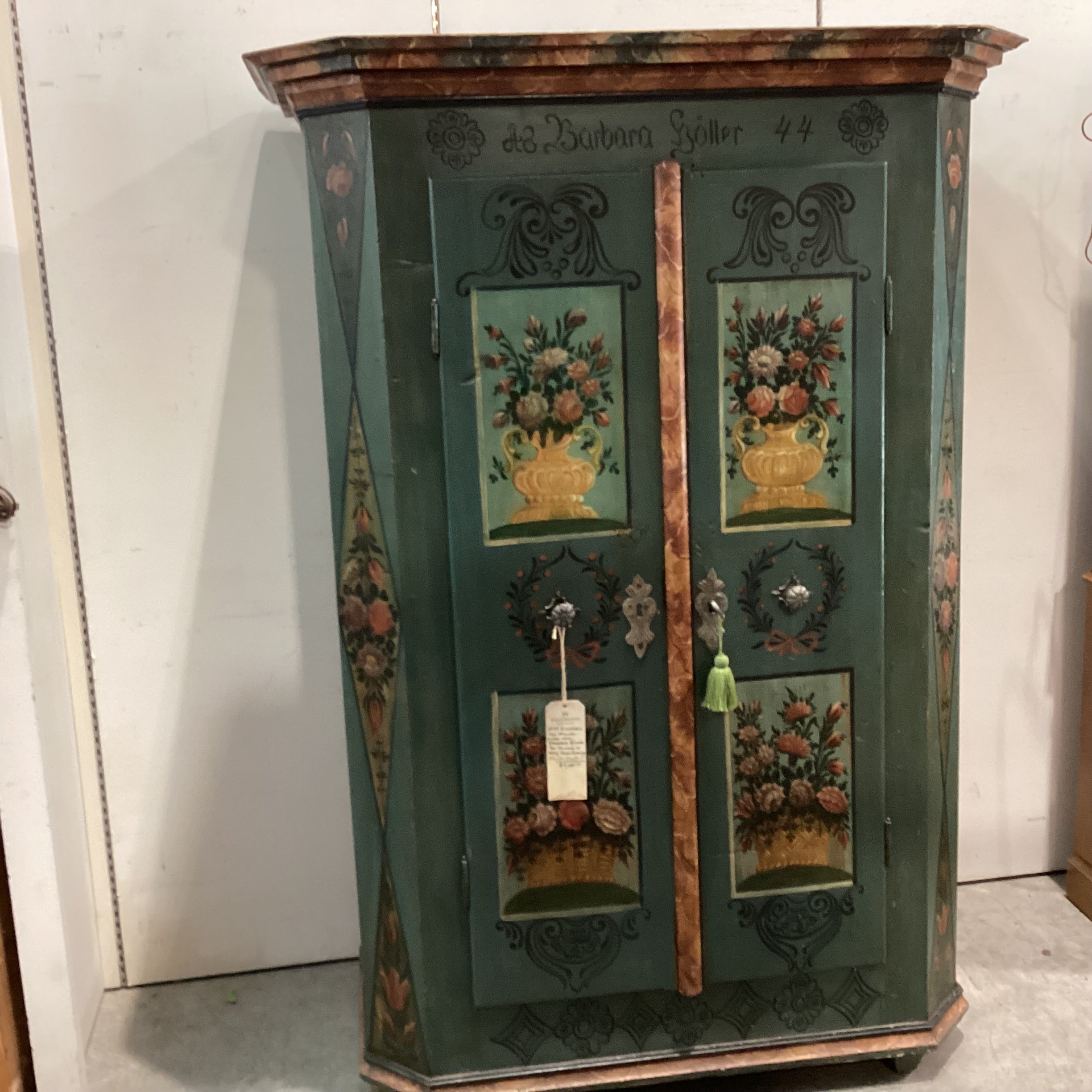 Antique Austrian Kitzbuhel Carved Wood & Hand Painted Floral 2 Door Armoire 50"x 26"x 71"