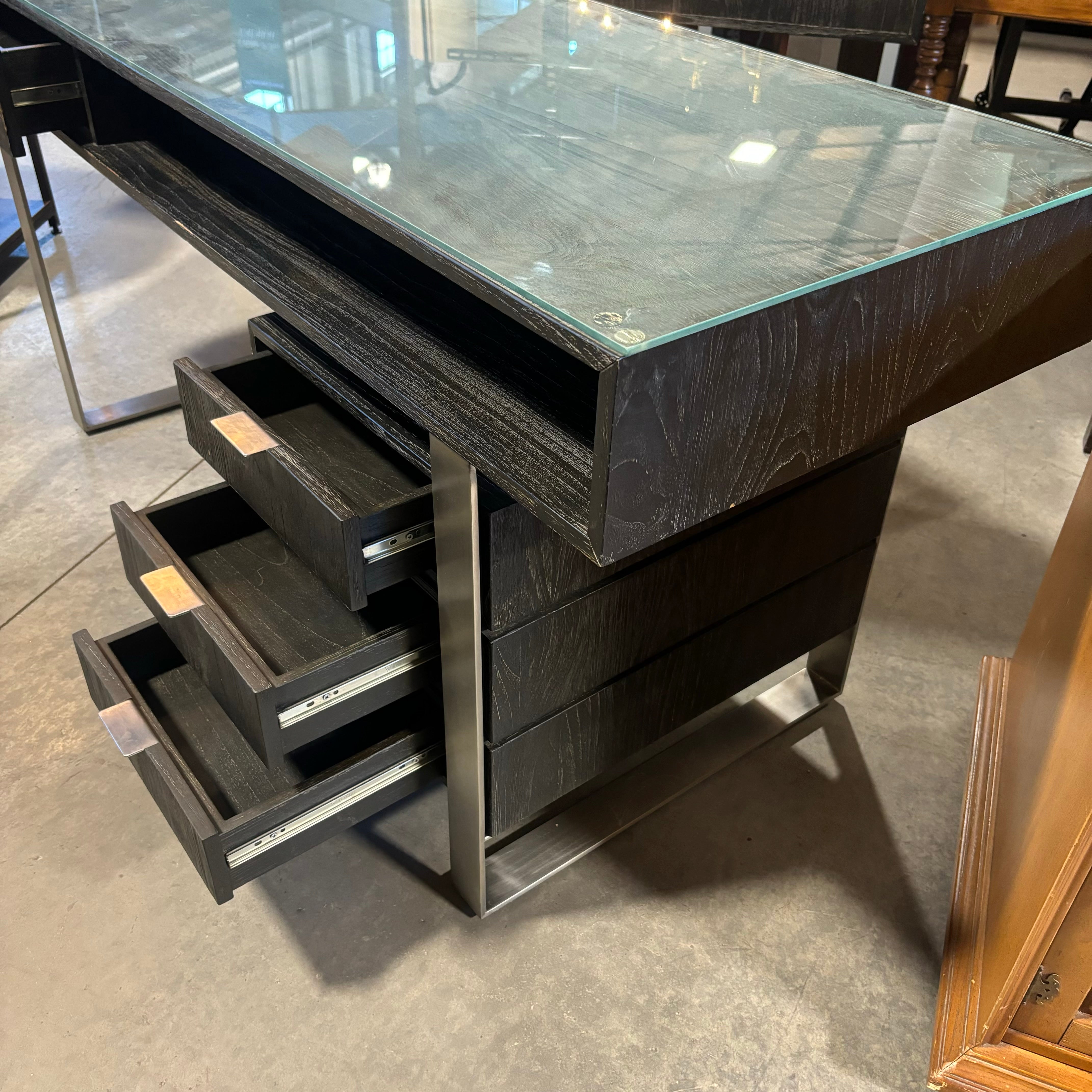 Brownstone Distressed Dark Wood with Steel Base & Glass Top 4 Drawer Desk 65"x 24"x 31"