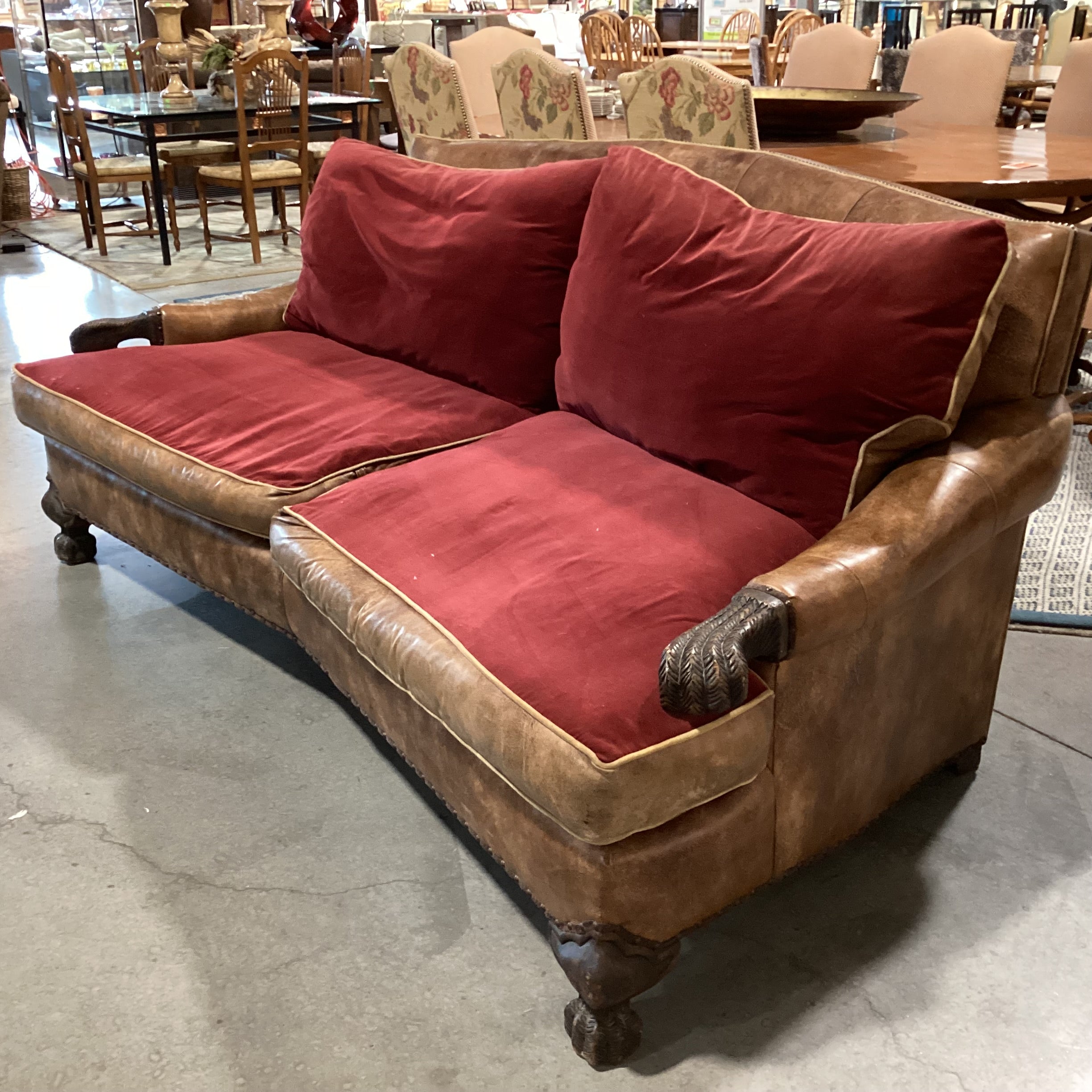 Carol Hicks Bolton & E J Victor Distressed Leather with Reversible Burgundy Velvet Cushions Ornate Carved Wood Down Mix Sofa 92"x 46"x 40"