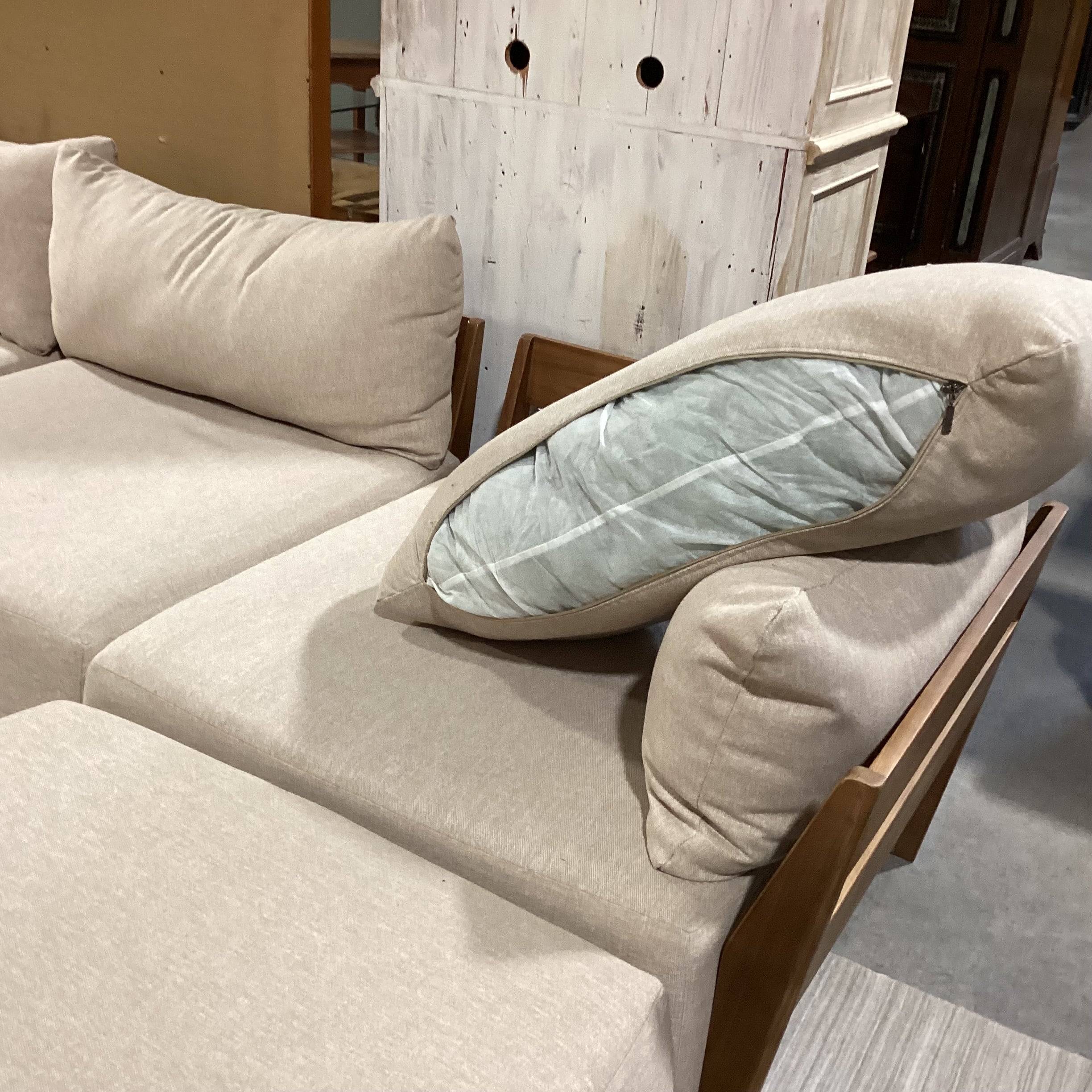 Bondi Mid Century Style Wood Base & Beige Cushions 4 Piece Modular Sectional 118"x 80"x 42"x 26"