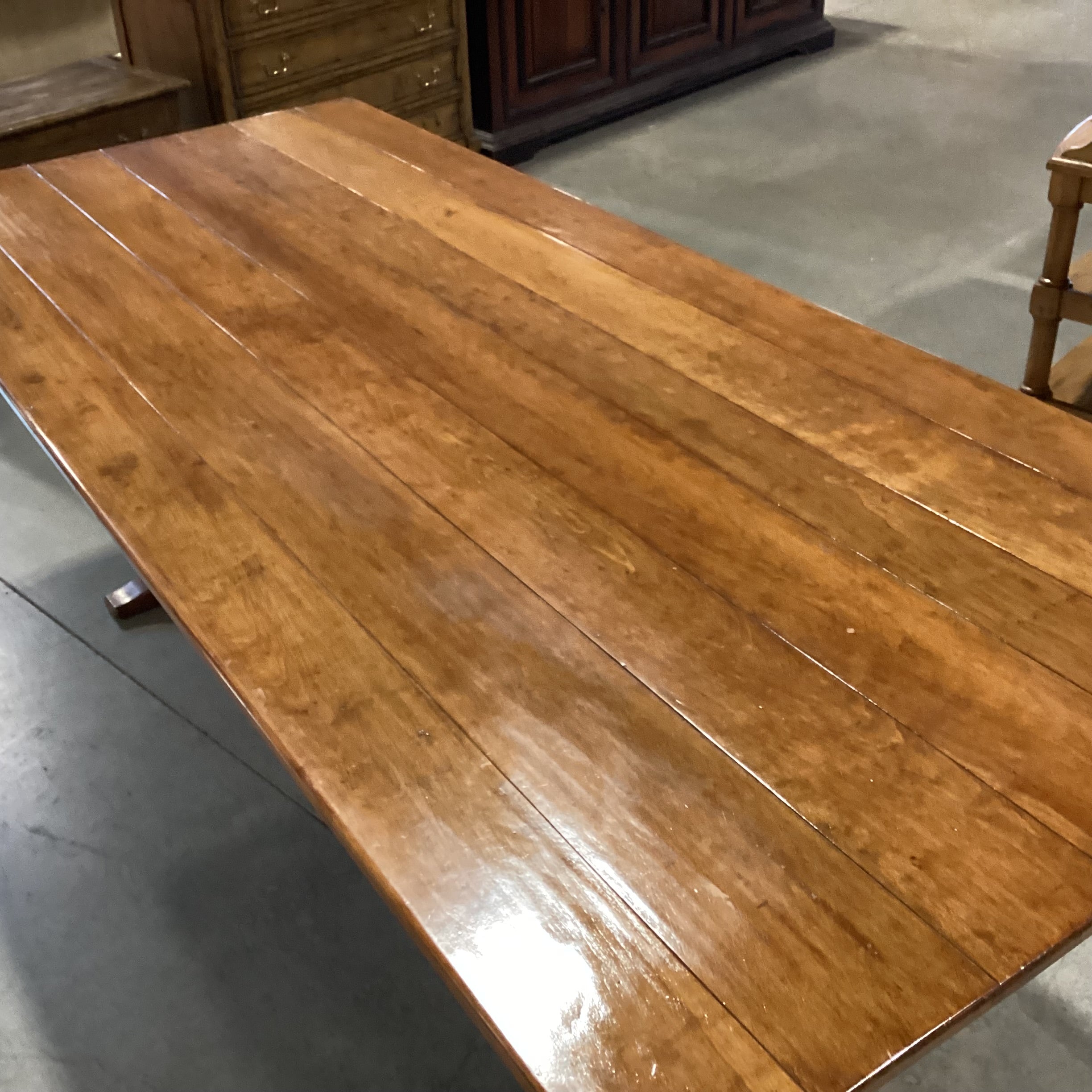 Distressed Finished Plank Top & Trestle  Base Dining Table 93"x 39.5"x 30"