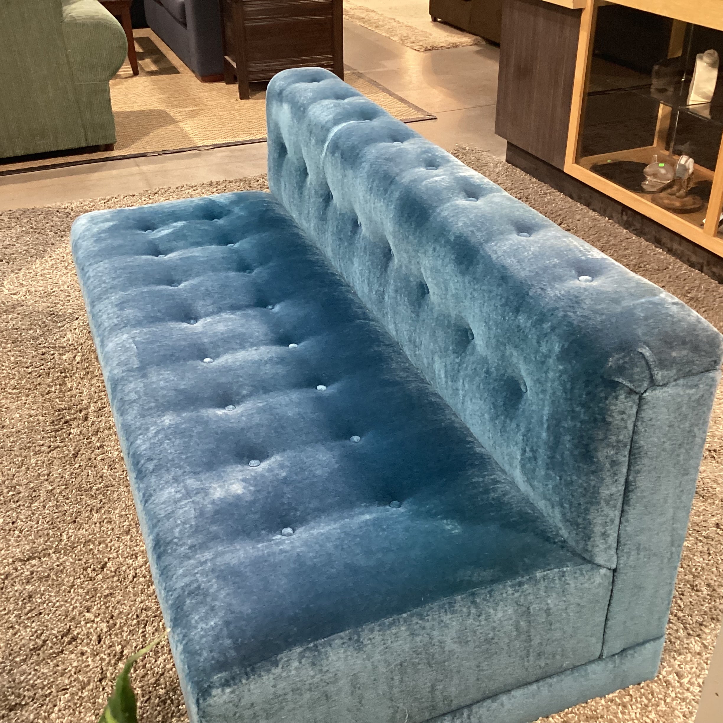 Custom Blue Teal Mohair with Button Tufting Armless Sofa 75"x 35"x 32"