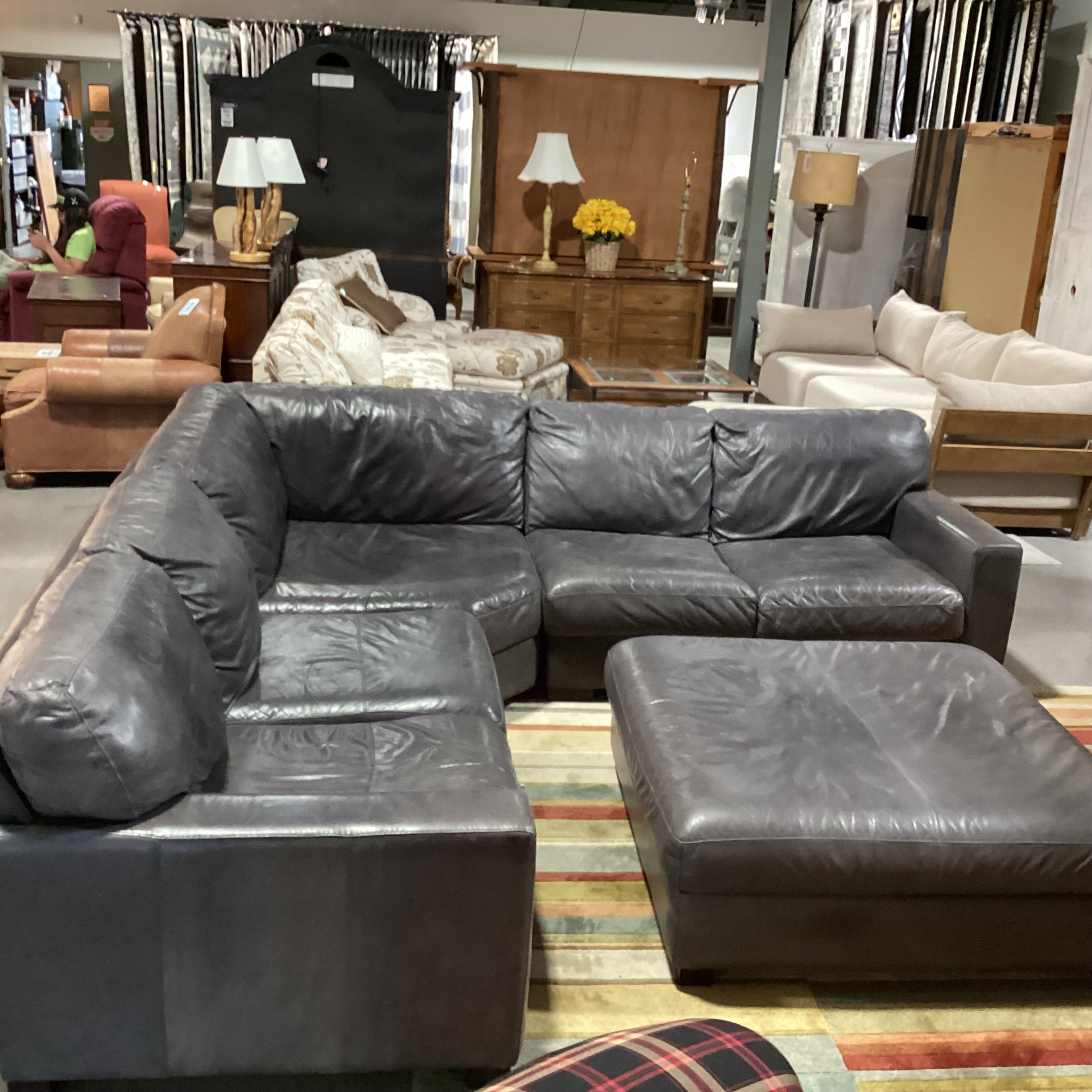 Softline Made in Italy Grey Distressed Leather 4 Piece with Ottoman Sectional 111"x 111"x 42"x 33"