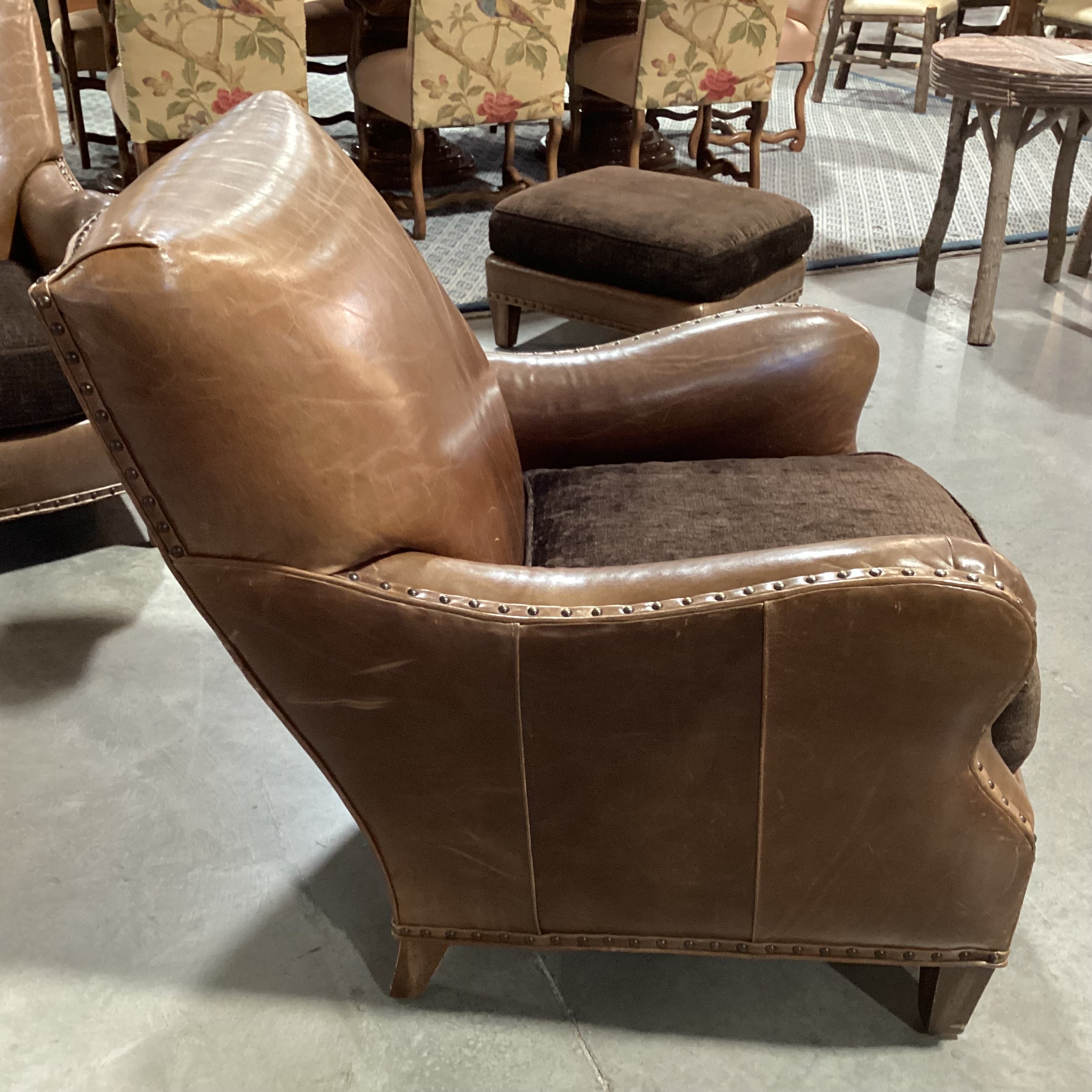 Westley Hall Collection Distressed Leather Nailhead with Brown Upholstered Seat Cushion Chair 31"x 38"x 34"